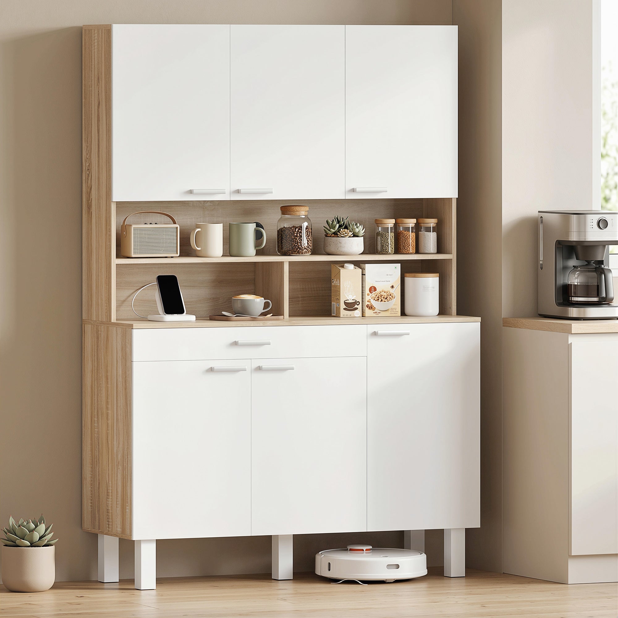 Buffet haut cuisine, armoire de cuisine, vaisselier, 6 portes, tiroir et étagères ouvertes, style moderne, meuble de rangement pour salon, salle à manger, 120x40x175cm, blanc et bois naturel