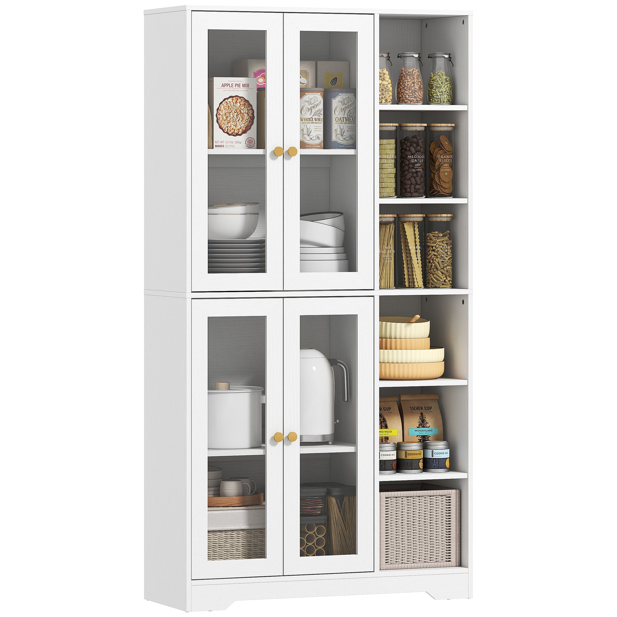 Buffet haut cuisine, vaisselier vitrine avec 4 portes à fermeture douce en verre trempé, étagères réglables et 6 compartiments ouverts, meuble de rangement pour salon, salle à manger, blanc