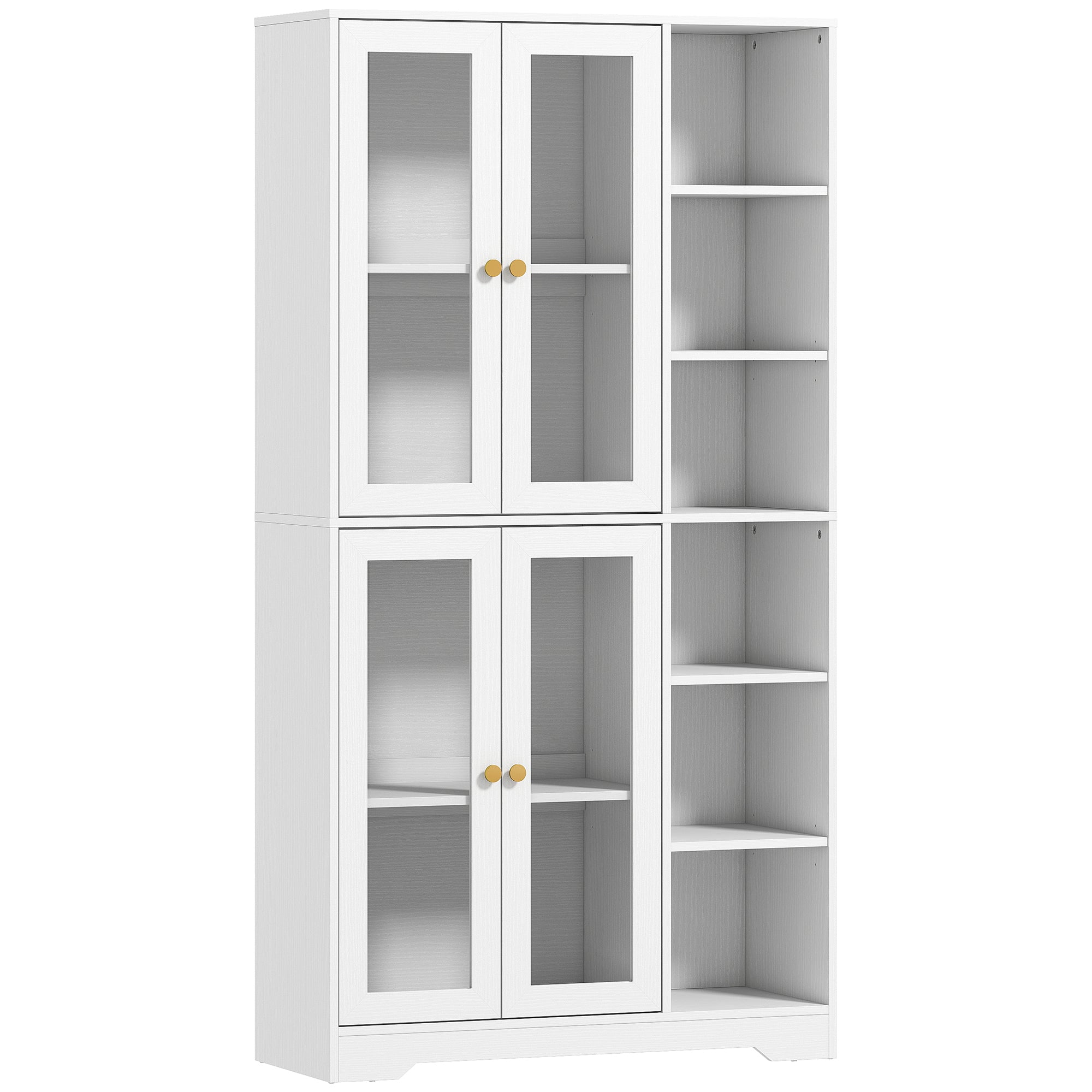 Buffet haut cuisine, vaisselier vitrine avec 4 portes à fermeture douce en verre trempé, étagères réglables et 6 compartiments ouverts, meuble de rangement pour salon, salle à manger, blanc