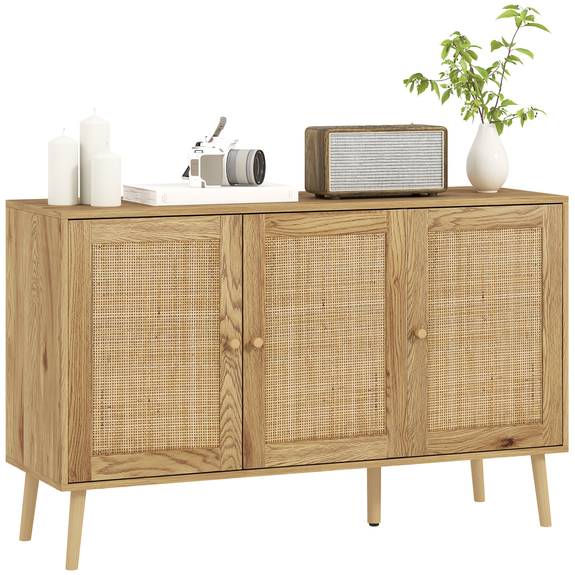 Buffet salon meuble de rangement avec placards à portes en rotin et étagère réglable, pour salon, salle à manger, dim. 120 x 40 x 75 cm, bois naturel