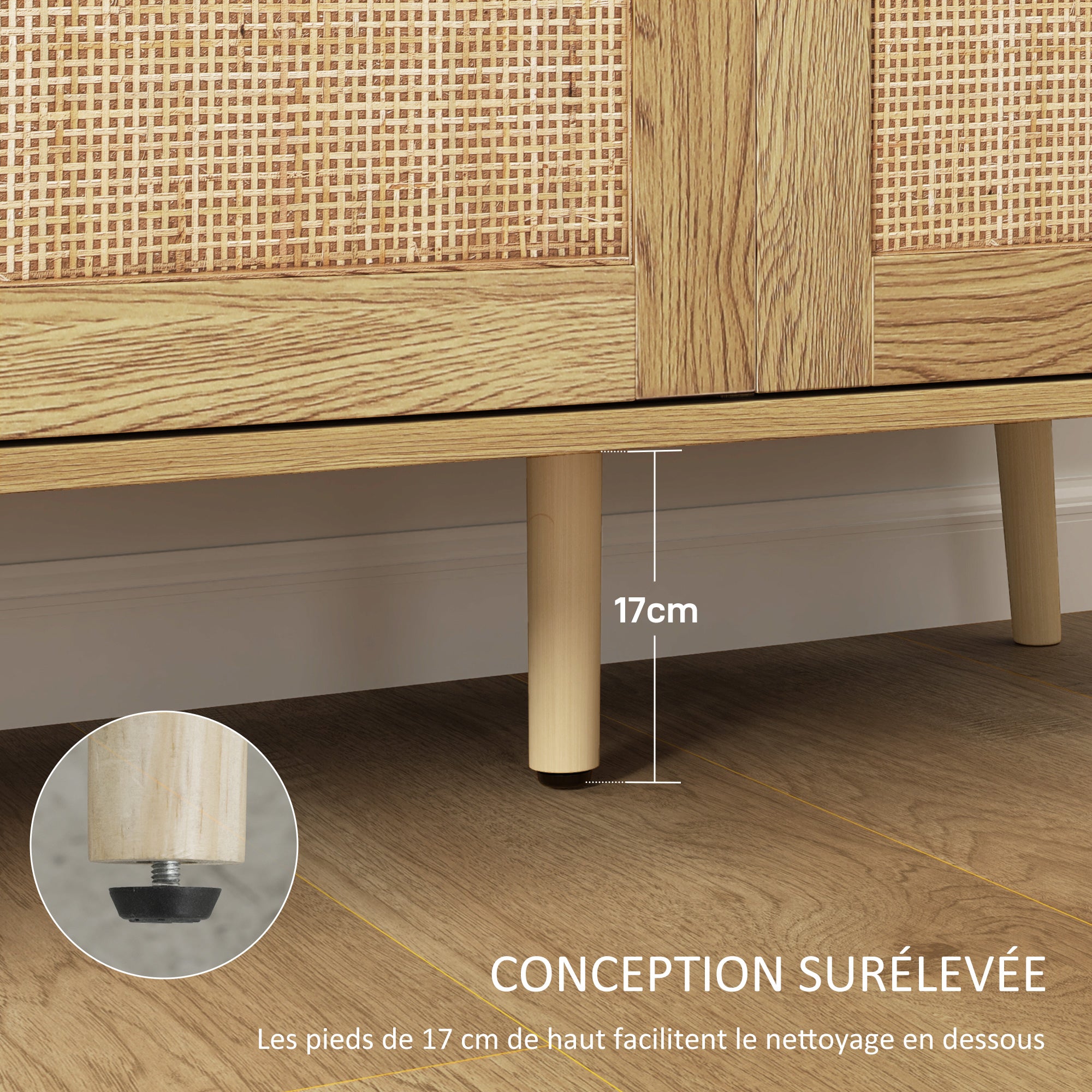 Buffet salon meuble de rangement avec placards à portes en rotin et étagère réglable, pour salon, salle à manger, dim. 120 x 40 x 75 cm, bois naturel