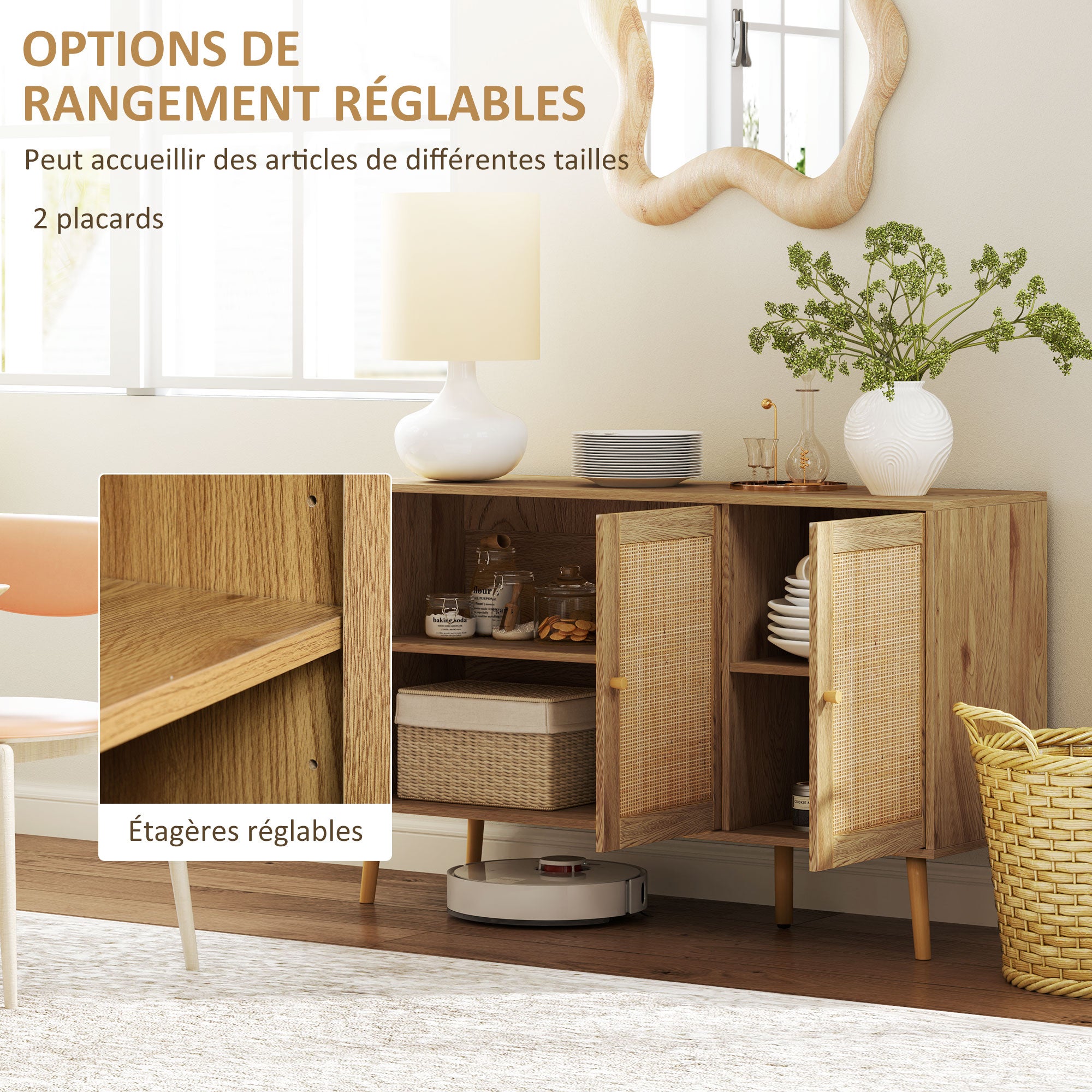 Buffet salon meuble de rangement avec placards à portes en rotin et étagère réglable, pour salon, salle à manger, dim. 120 x 40 x 75 cm, bois naturel