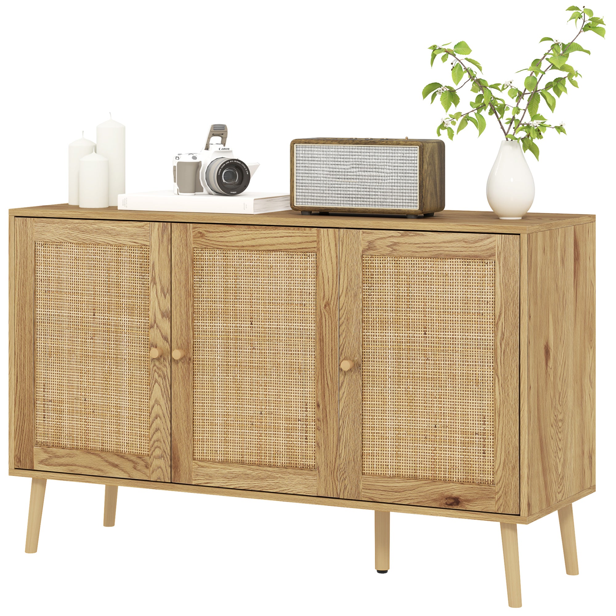 Buffet salon meuble de rangement avec placards à portes en rotin et étagère réglable, pour salon, salle à manger, dim. 120 x 40 x 75 cm, bois naturel