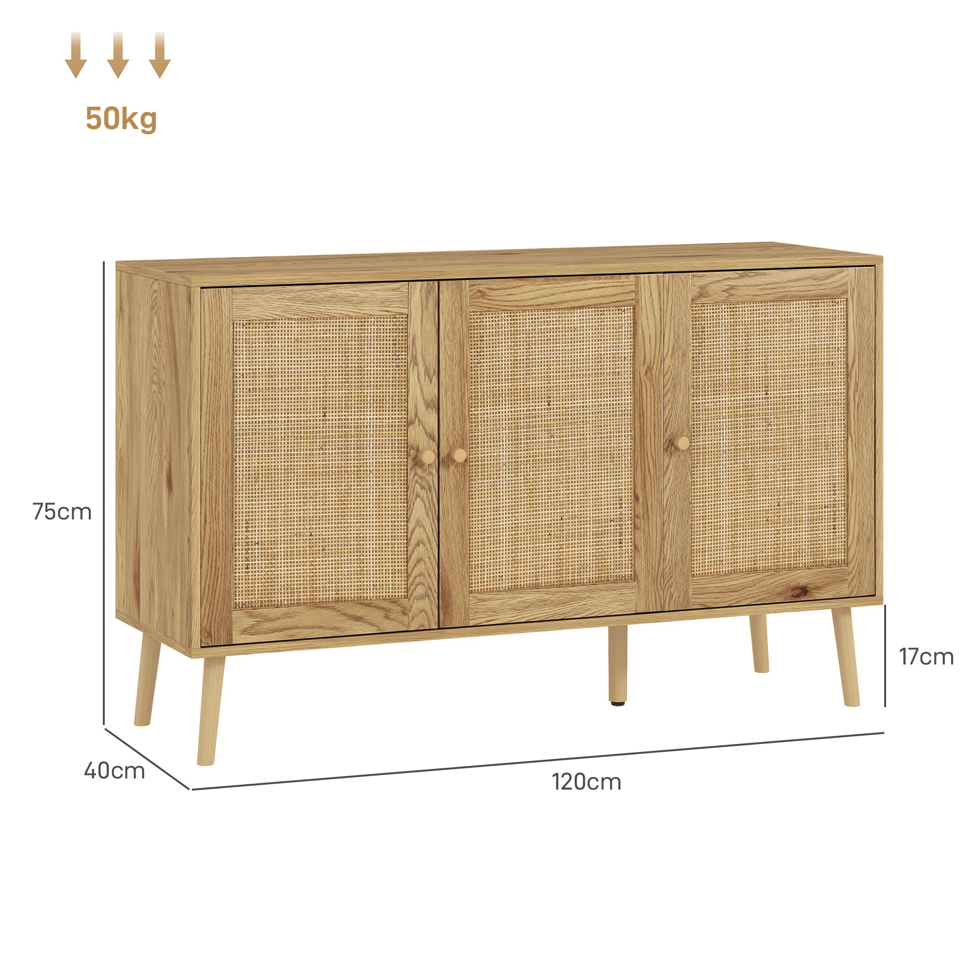 Buffet salon meuble de rangement avec placards à portes en rotin et étagère réglable, pour salon, salle à manger, dim. 120 x 40 x 75 cm, bois naturel