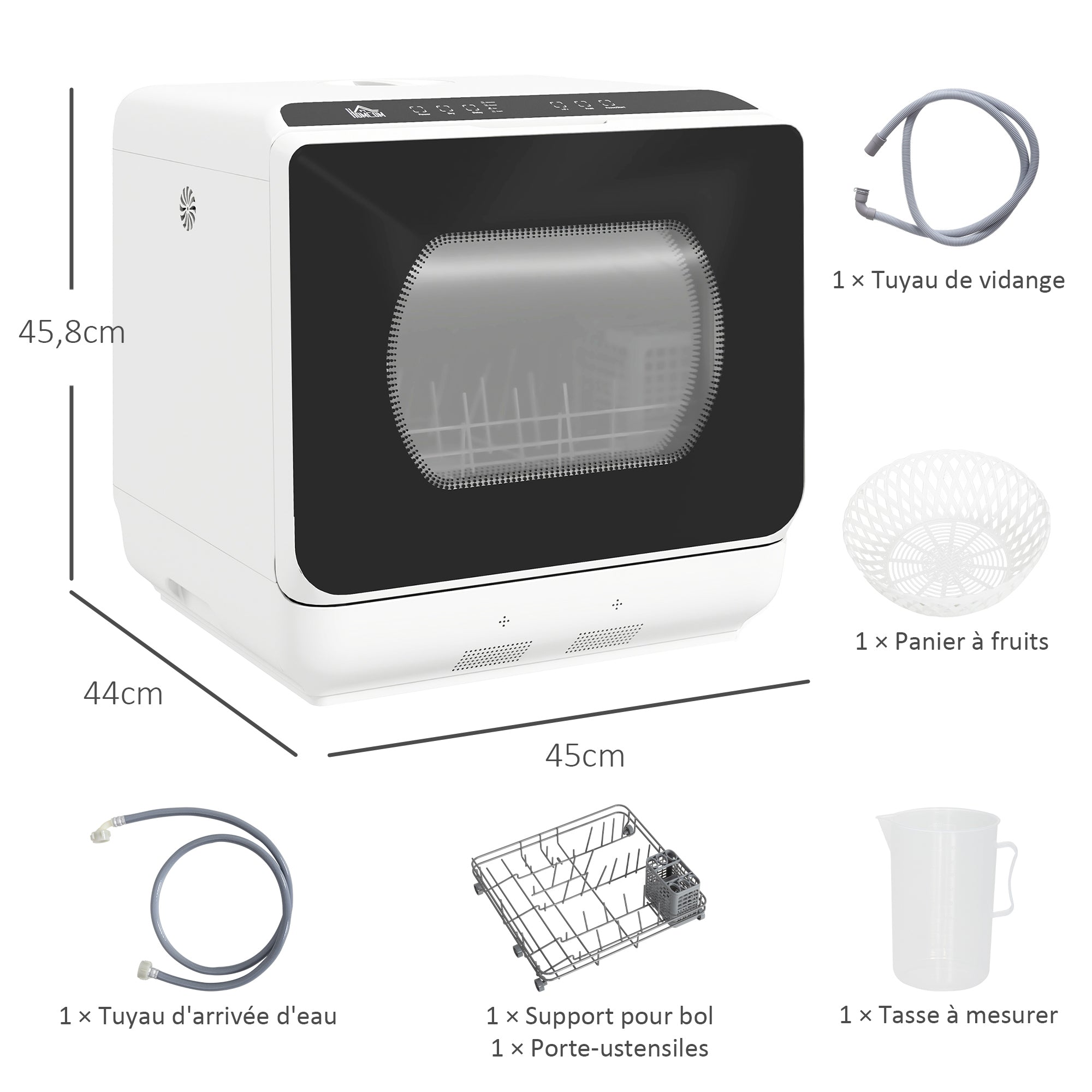 Mini lave-vaisselle 4 couverts, lave-vaisselle de table, 5 programmes, double alimentation en eau, lavage des fruits, réservoir d'eau 6L, commande tactile, affichage LED, départ différé, noir