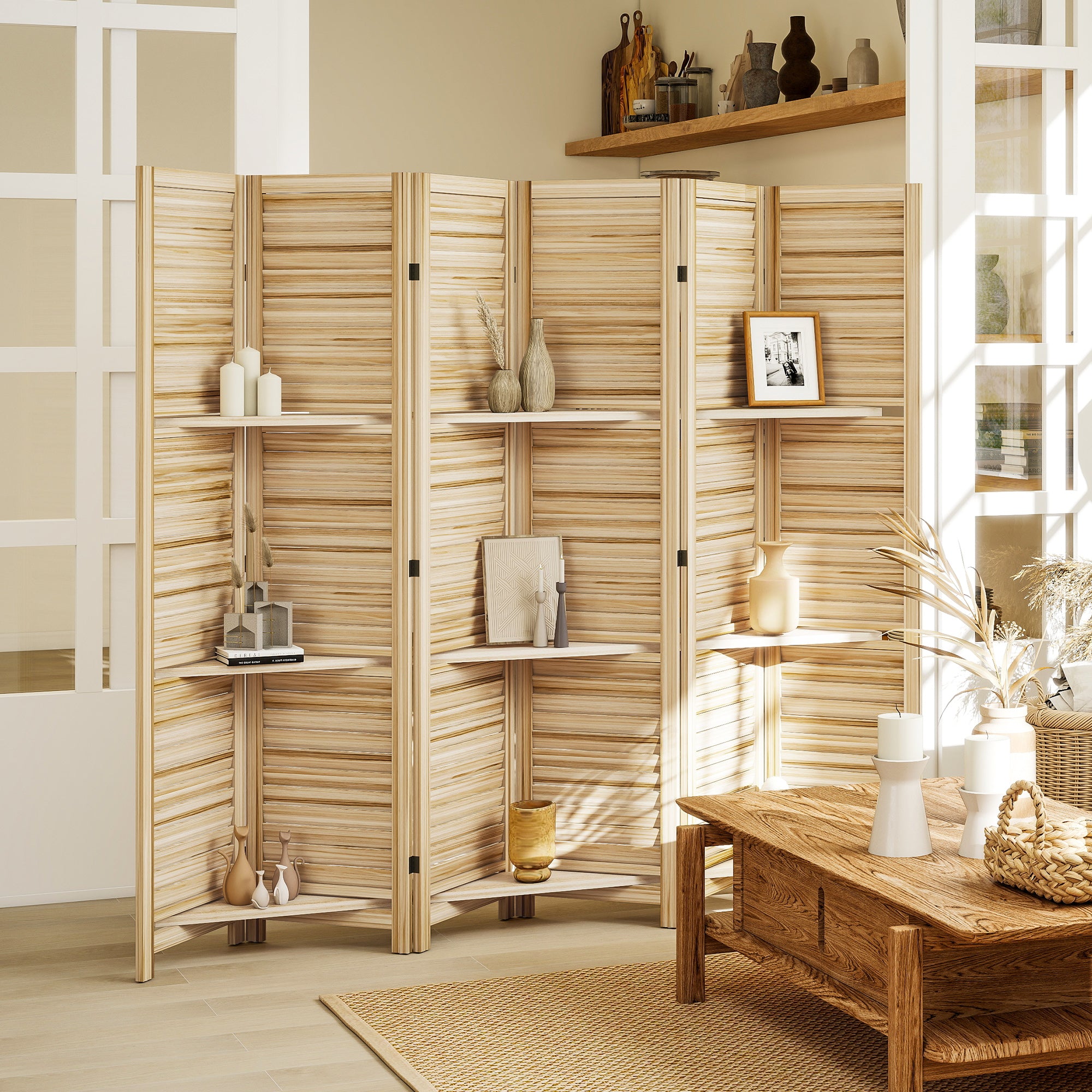 Paravent intérieur en bois 6 panneaux 240 x 170 cm, séparateur de pièce pliable avec 3 étagères, cloison de séparation pour salon, chambre à coucher, maison, bois naturel avec finition brûlée