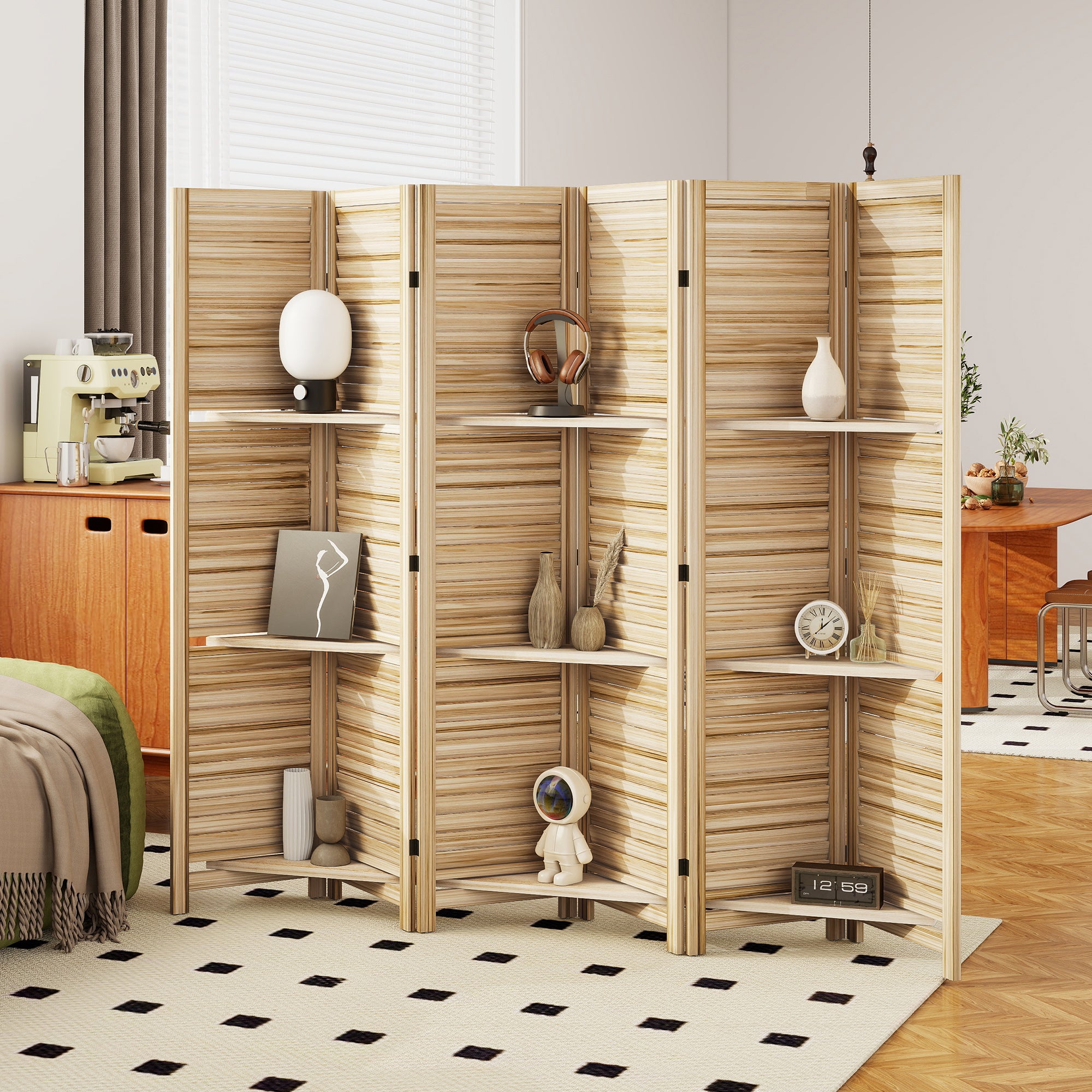 Paravent intérieur en bois 6 panneaux 240 x 170 cm, séparateur de pièce pliable avec 3 étagères, cloison de séparation pour salon, chambre à coucher, maison, bois naturel avec finition brûlée