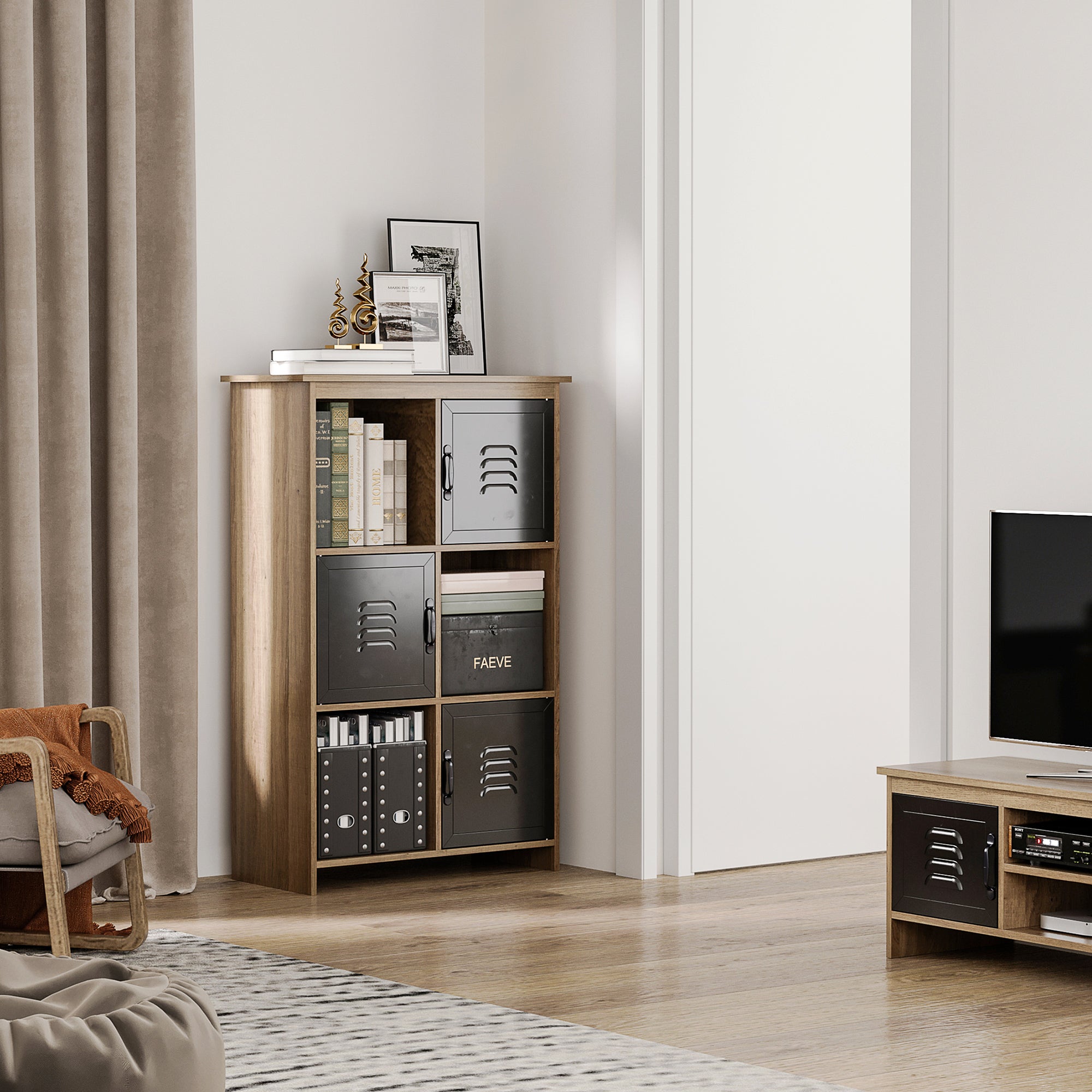 Bibliothèque Design Industriel - Meuble de Rangement 3 niches 3 casiers - Aspect Bois avec Portes en métal Noir