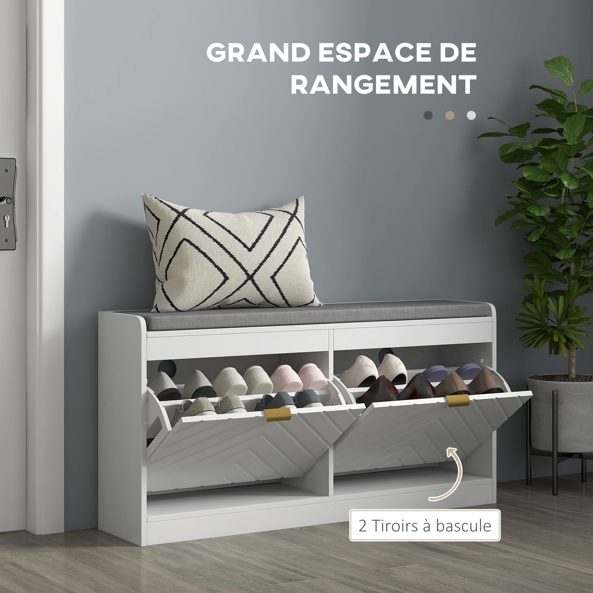 Banc à chaussures, banc de rangement étroit, assise rembourrée, porte motifs de lignes en relief, tiroir rabattable et étagère réglable, pour entrée, couloir, 106 x 24 x 52,5 cm, blanc