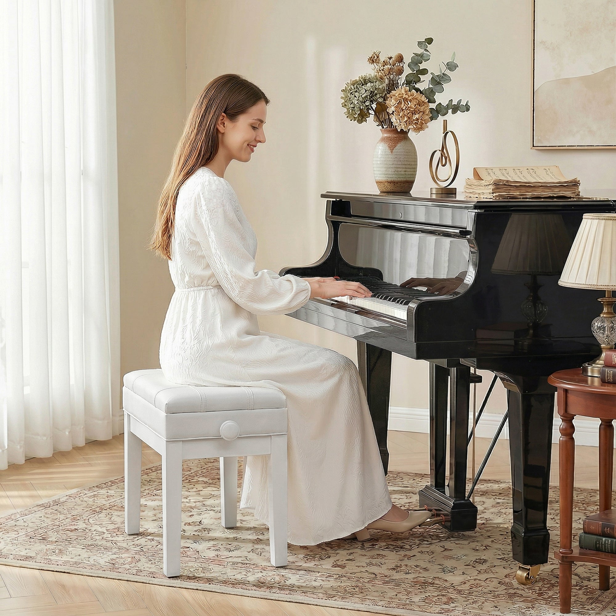 Banc de piano, banc de clavier réglable en hauteur en bois massif, tabouret piano avec compartiment caché, siège rembourré polyuréthane, stable et antidérapant, charge 150kg, blanc