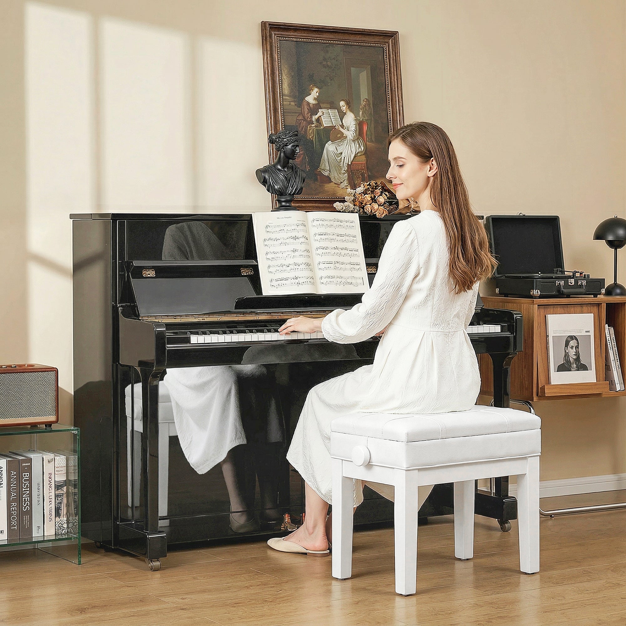 Banc de piano, banc de clavier réglable en hauteur en bois massif, tabouret piano avec compartiment caché, siège rembourré polyuréthane, stable et antidérapant, charge 150kg, blanc