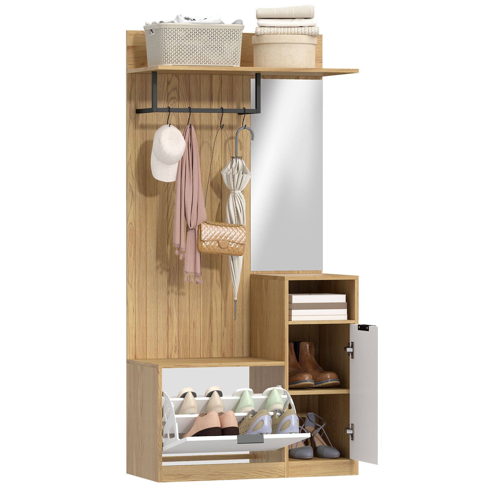 Meuble d'entrée 6 en 1, vestiaire d'entrée avec banc à chaussures rabattable, miroir, étagères, placard et patère, style moderne, porte-manteau pour couloir, chambre, salon, 80x37x168cm, chêne