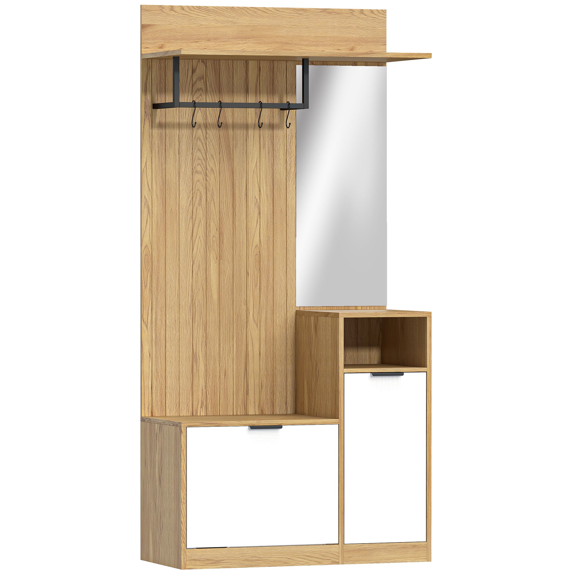 Meuble d'entrée 6 en 1, vestiaire d'entrée avec banc à chaussures rabattable, miroir, étagères, placard et patère, style moderne, porte-manteau pour couloir, chambre, salon, 80x37x168cm, chêne