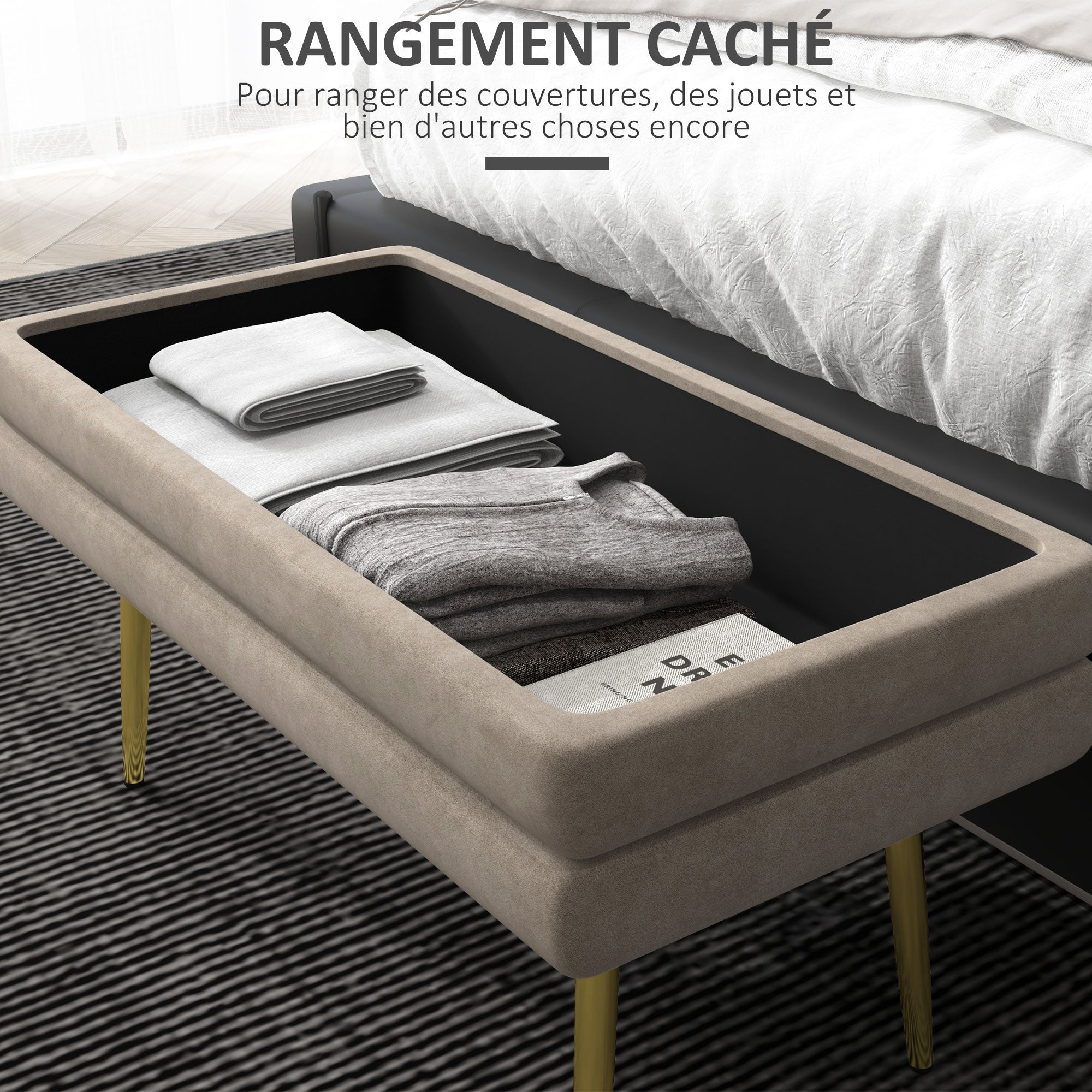 Banc de rangement, bout de lit, coffre de rangement avec assise aspect velours et pieds acier, 79,5 x 37,5 x 43 cm, beige et doré