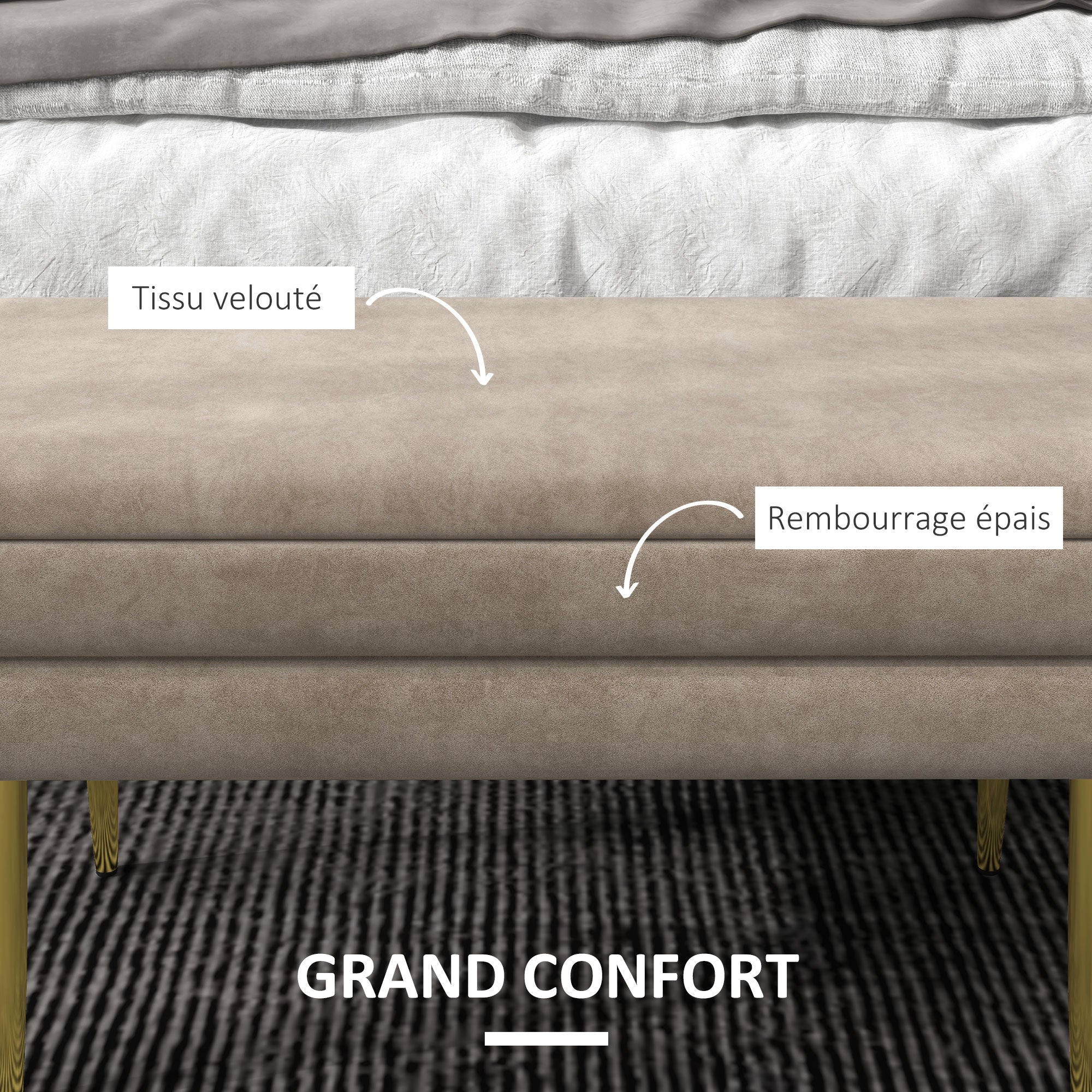 Banc de rangement, bout de lit, coffre de rangement avec assise aspect velours et pieds acier, 79,5 x 37,5 x 43 cm, beige et doré