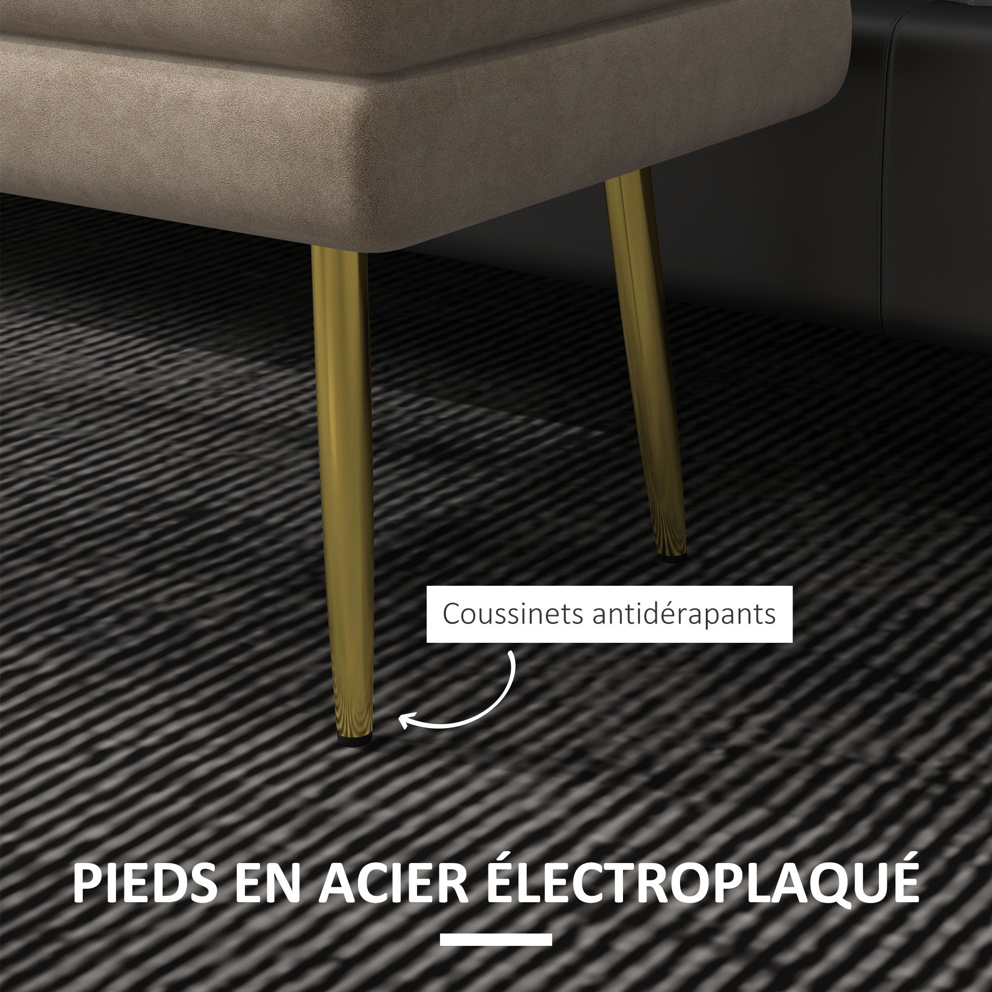 Banc de rangement, bout de lit, coffre de rangement avec assise aspect velours et pieds acier, 79,5 x 37,5 x 43 cm, beige et doré