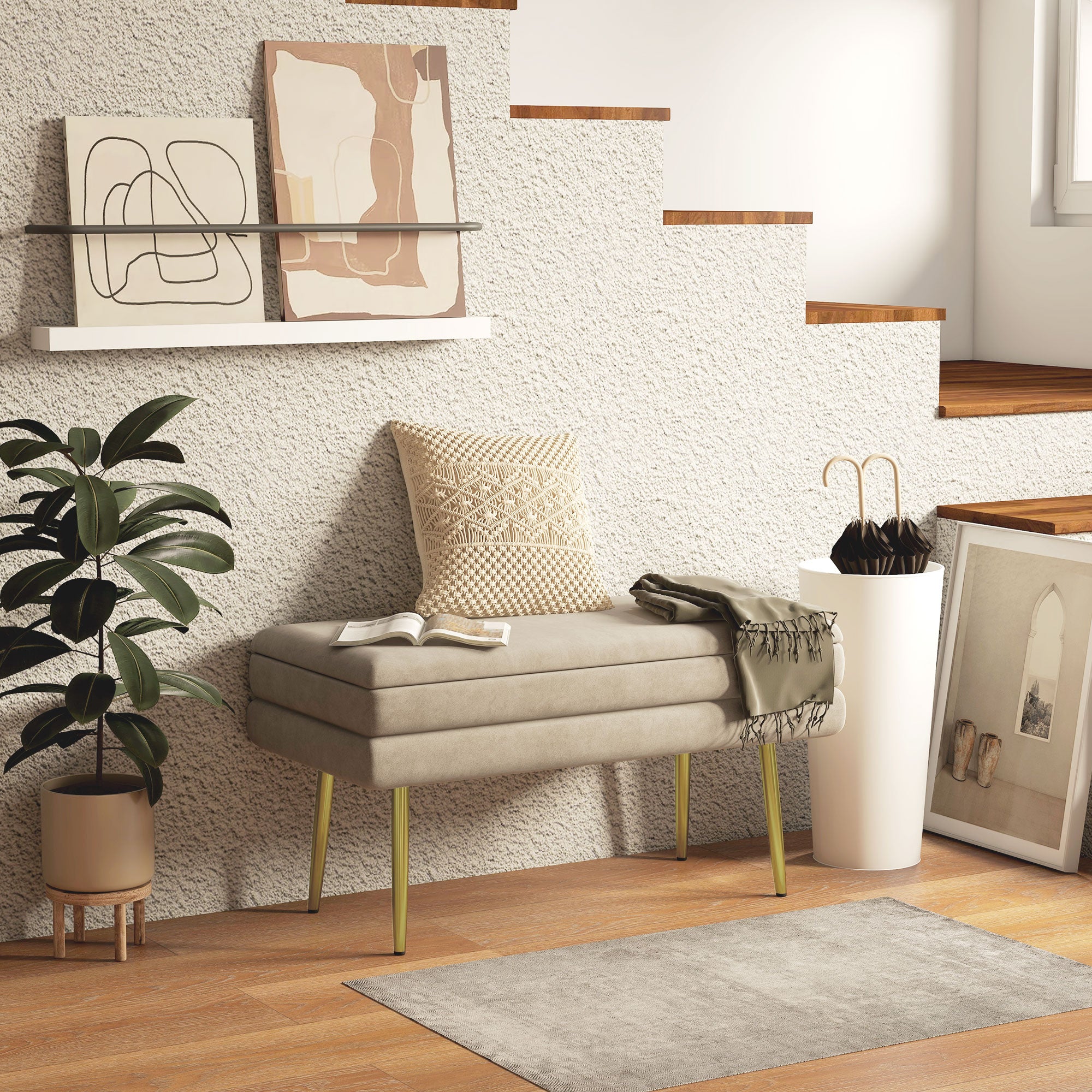 Banc de rangement, bout de lit, coffre de rangement avec assise aspect velours et pieds acier, 79,5 x 37,5 x 43 cm, beige et doré