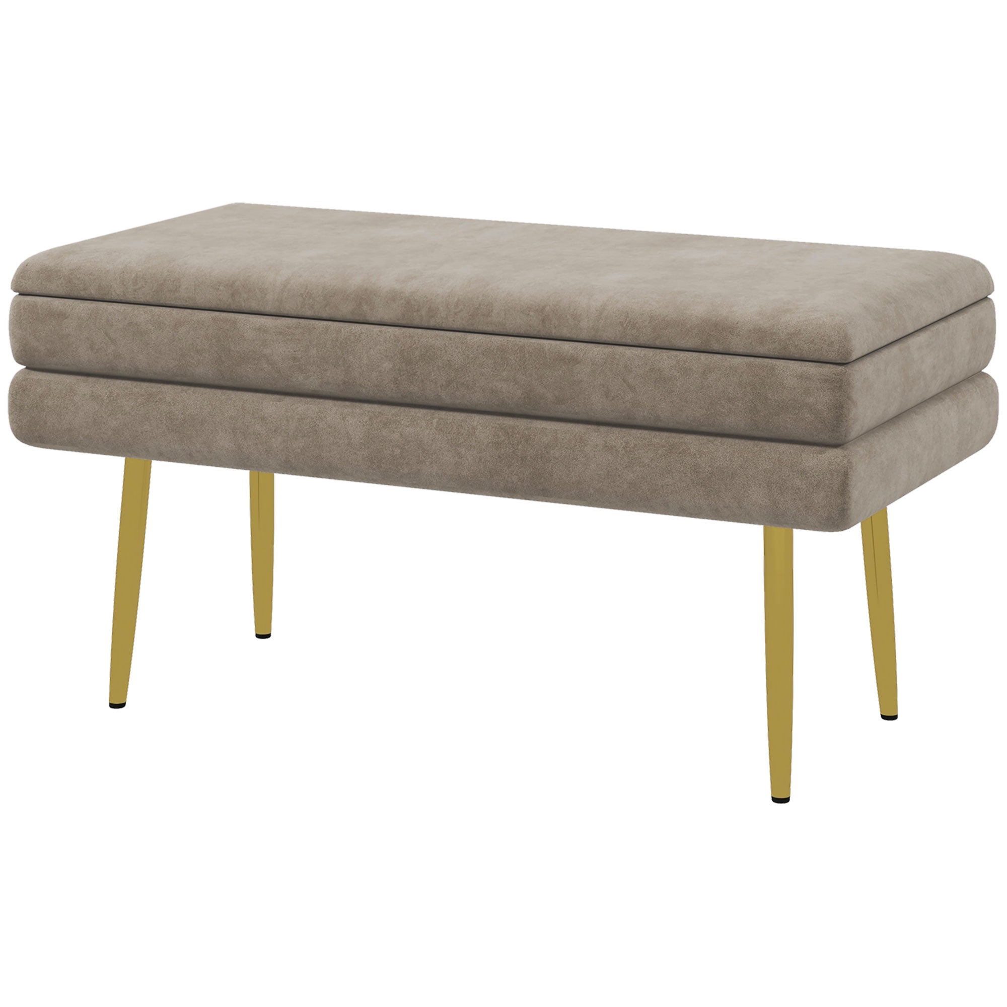 Banc de rangement, bout de lit, coffre de rangement avec assise aspect velours et pieds acier, 79,5 x 37,5 x 43 cm, beige et doré