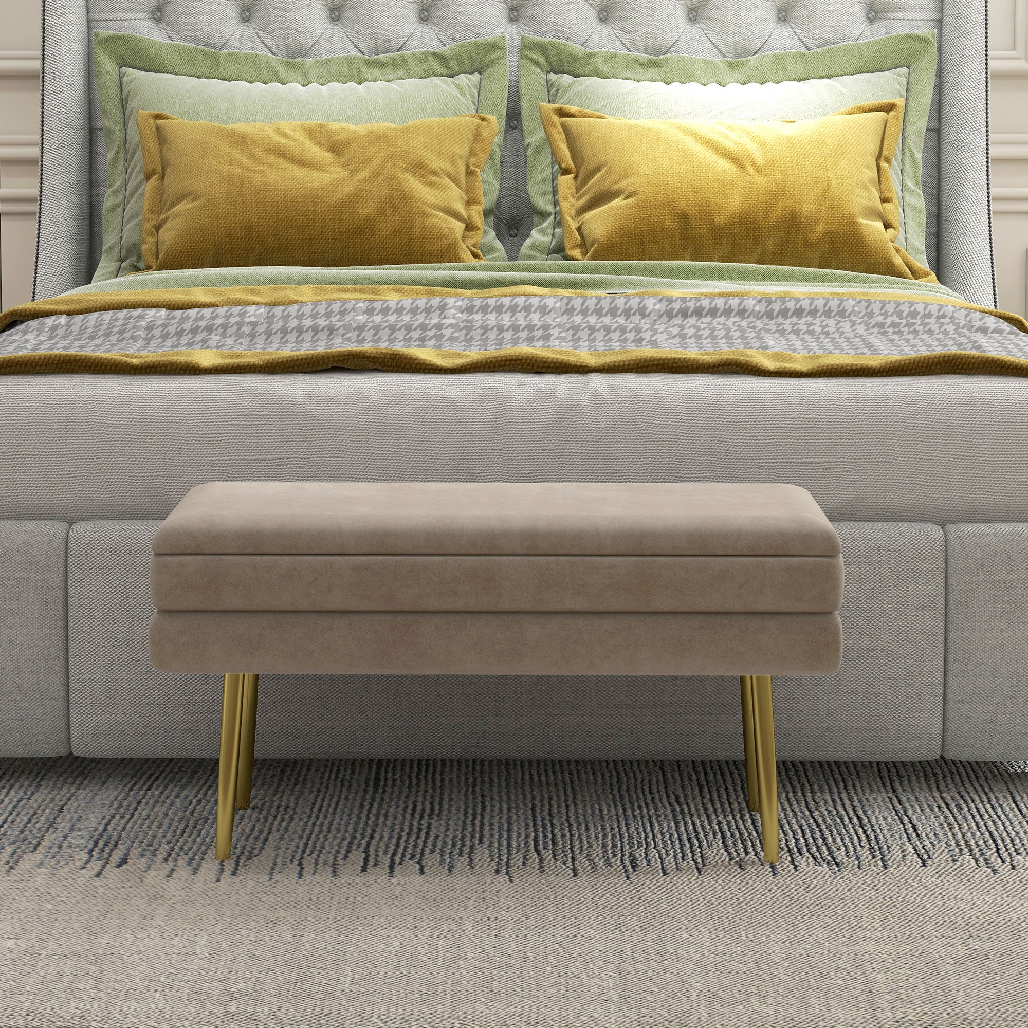 Banc de rangement, bout de lit, coffre de rangement avec assise aspect velours et pieds acier, 79,5 x 37,5 x 43 cm, beige et doré