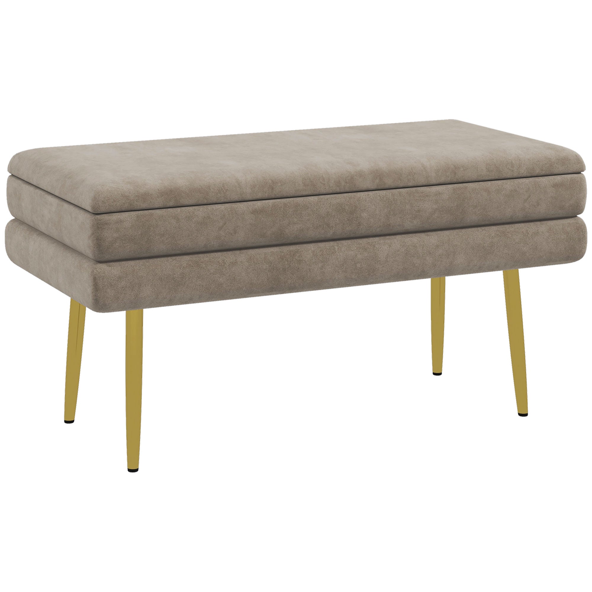 Banc de rangement, bout de lit, coffre de rangement avec assise aspect velours et pieds acier, 79,5 x 37,5 x 43 cm, beige et doré