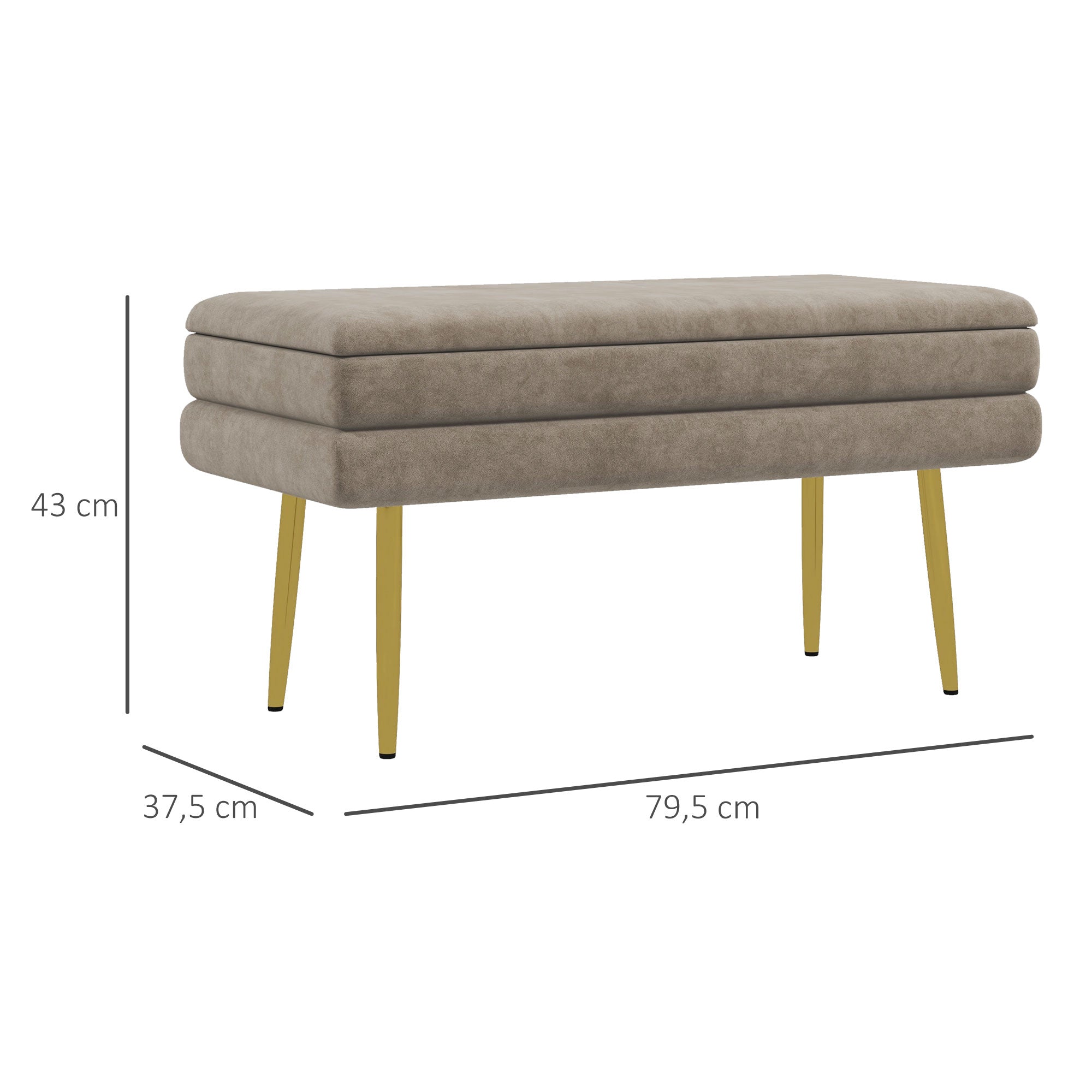 Banc de rangement, bout de lit, coffre de rangement avec assise aspect velours et pieds acier, 79,5 x 37,5 x 43 cm, beige et doré