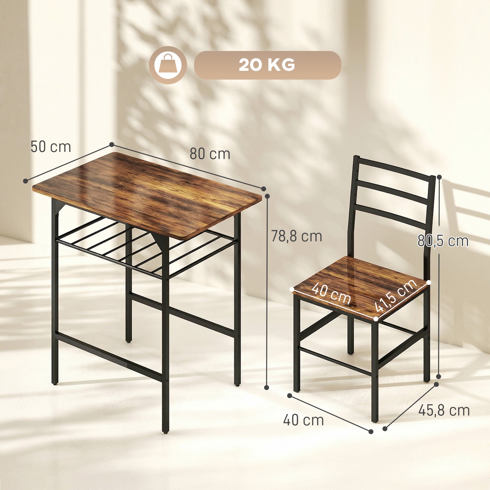 Ensemble table salle à manger avec 2 chaises, table de cuisine avec chaises pour 2 personnes, étagère de rangement, cadre en métal, style industriel, pour petit espace, brun rustique