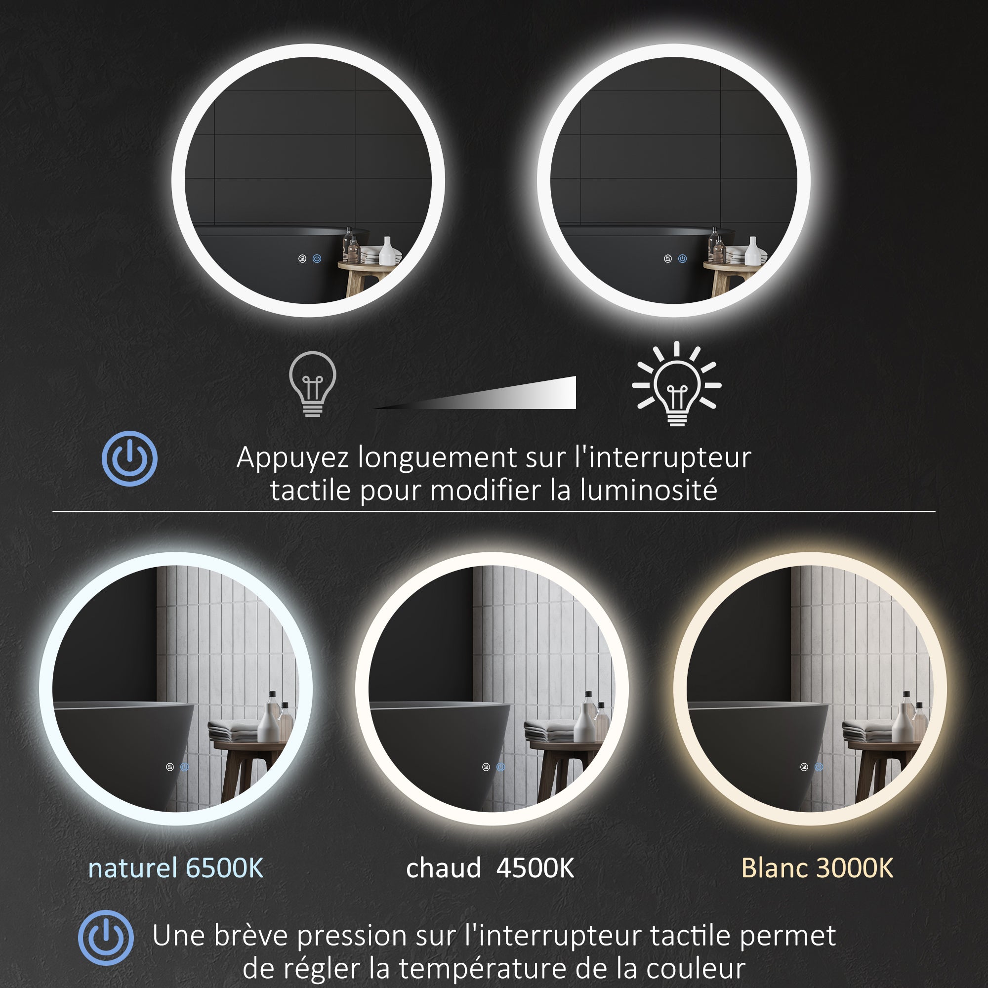 Miroir rond salle de bain avec éclairage LED Ø 70 cm, miroir mural 35W avec anti-buée, 3 couleurs réglables, dimmable, interrupteur tactile, fonction mémoire, blanc et argent