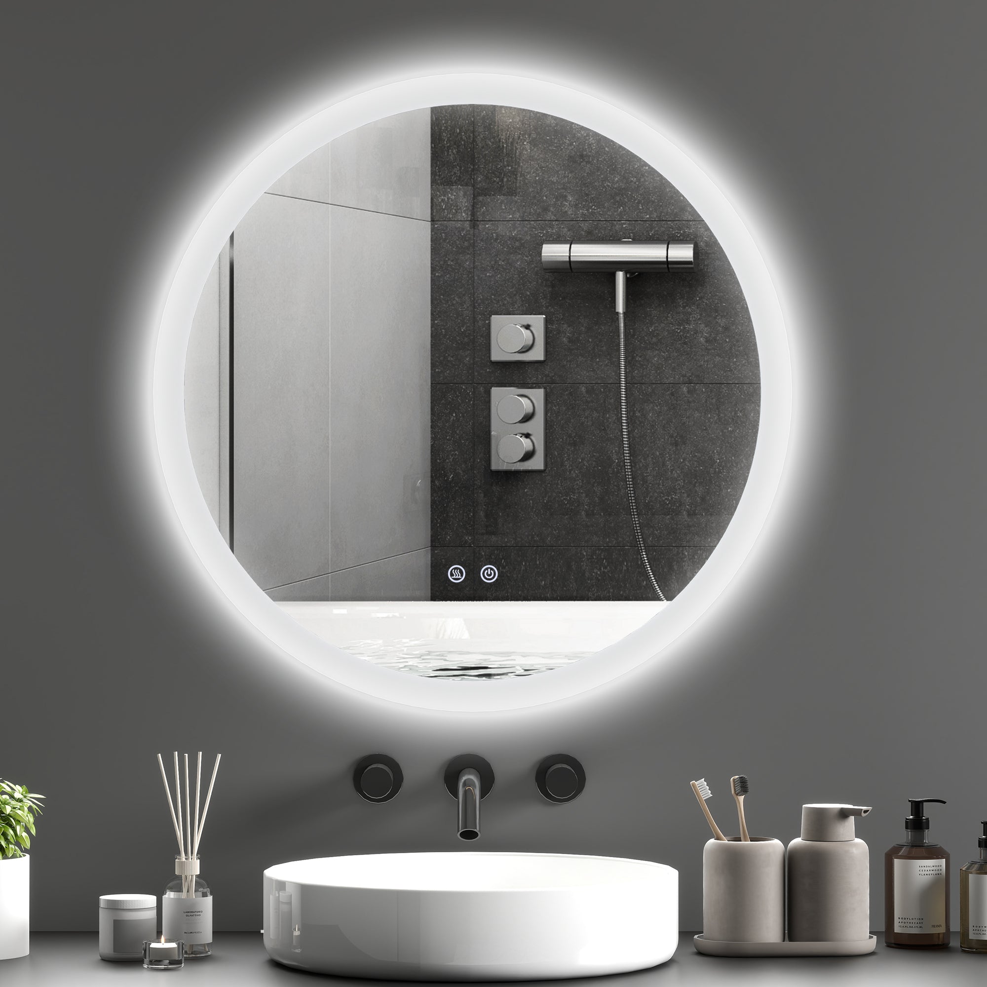 Miroir rond salle de bain avec éclairage LED Ø 70 cm, miroir mural 35W avec anti-buée, 3 couleurs réglables, dimmable, interrupteur tactile, fonction mémoire, blanc et argent