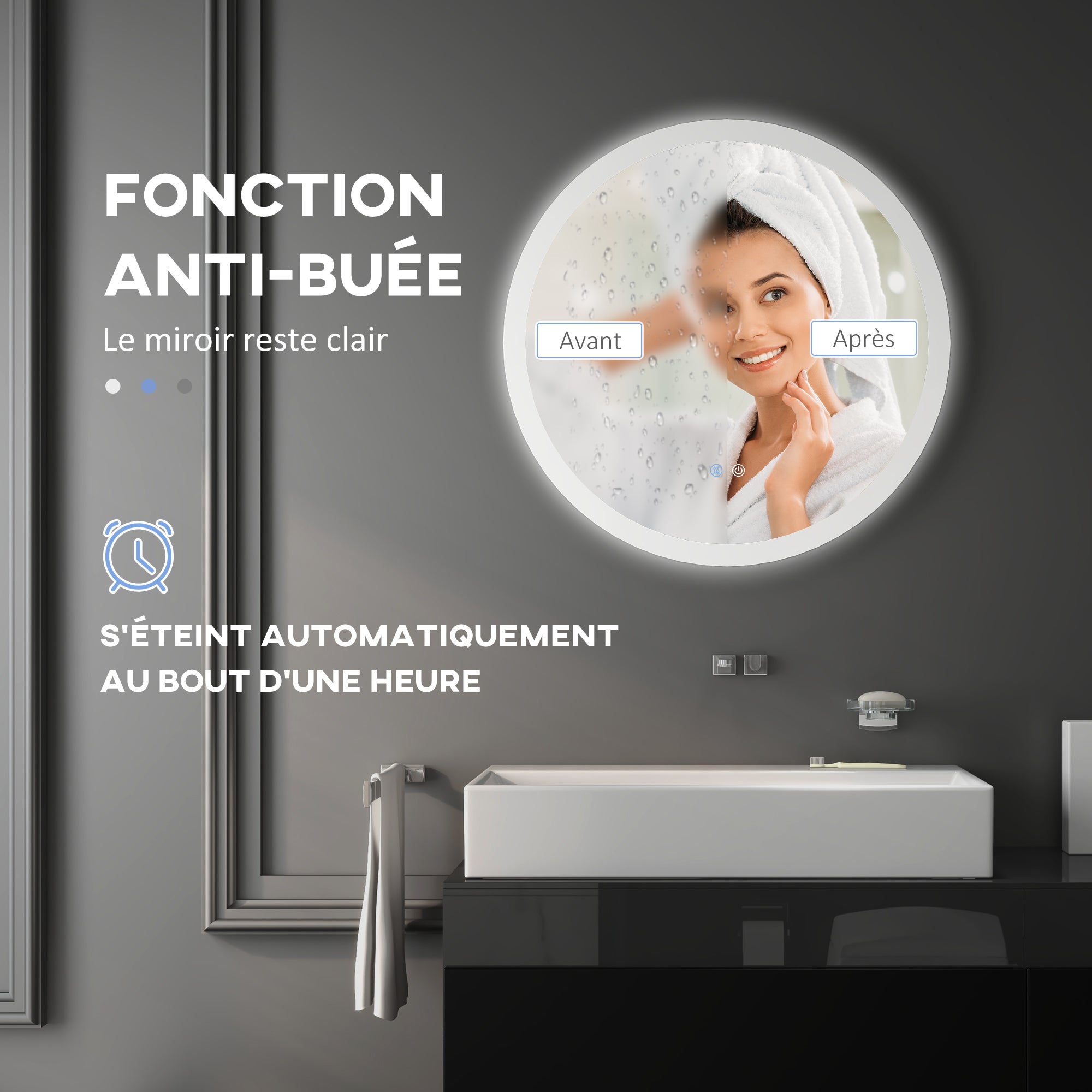Miroir rond salle de bain avec éclairage LED Ø 70 cm, miroir mural 35W avec anti-buée, 3 couleurs réglables, dimmable, interrupteur tactile, fonction mémoire, blanc et argent