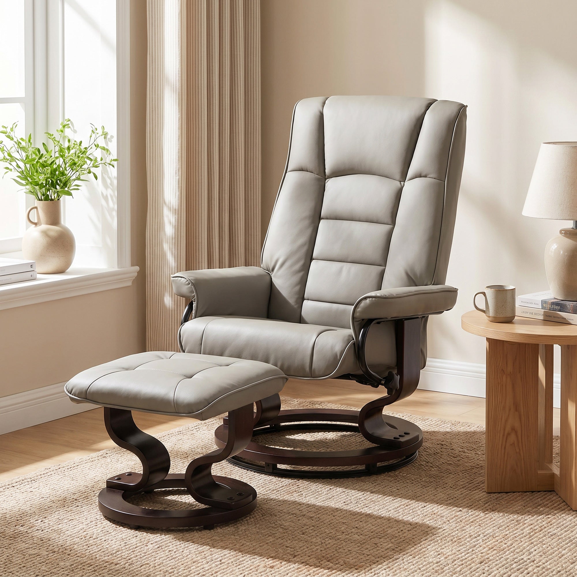 Fauteuil de relaxation inclinable avec repose-pied fauteuil relax de salon pivotant, cadre en bois revêtement synthétique 76 x 85 x 104 cm gris