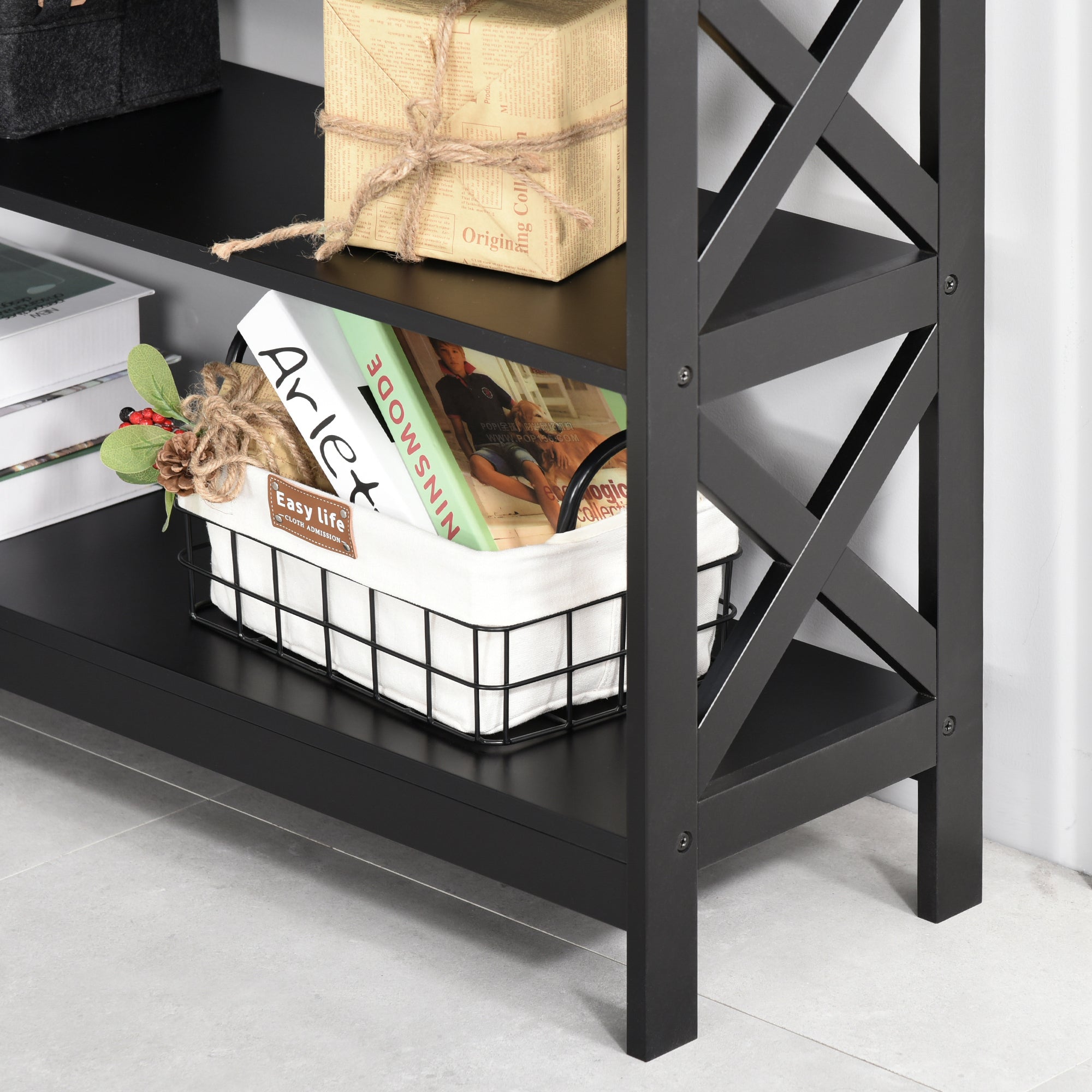 Table de console table d'entrée style table de drapier néo-rétro 2 tiroirs 2 étagères dim. 100L x 30.5l x 80H cm MDF noir