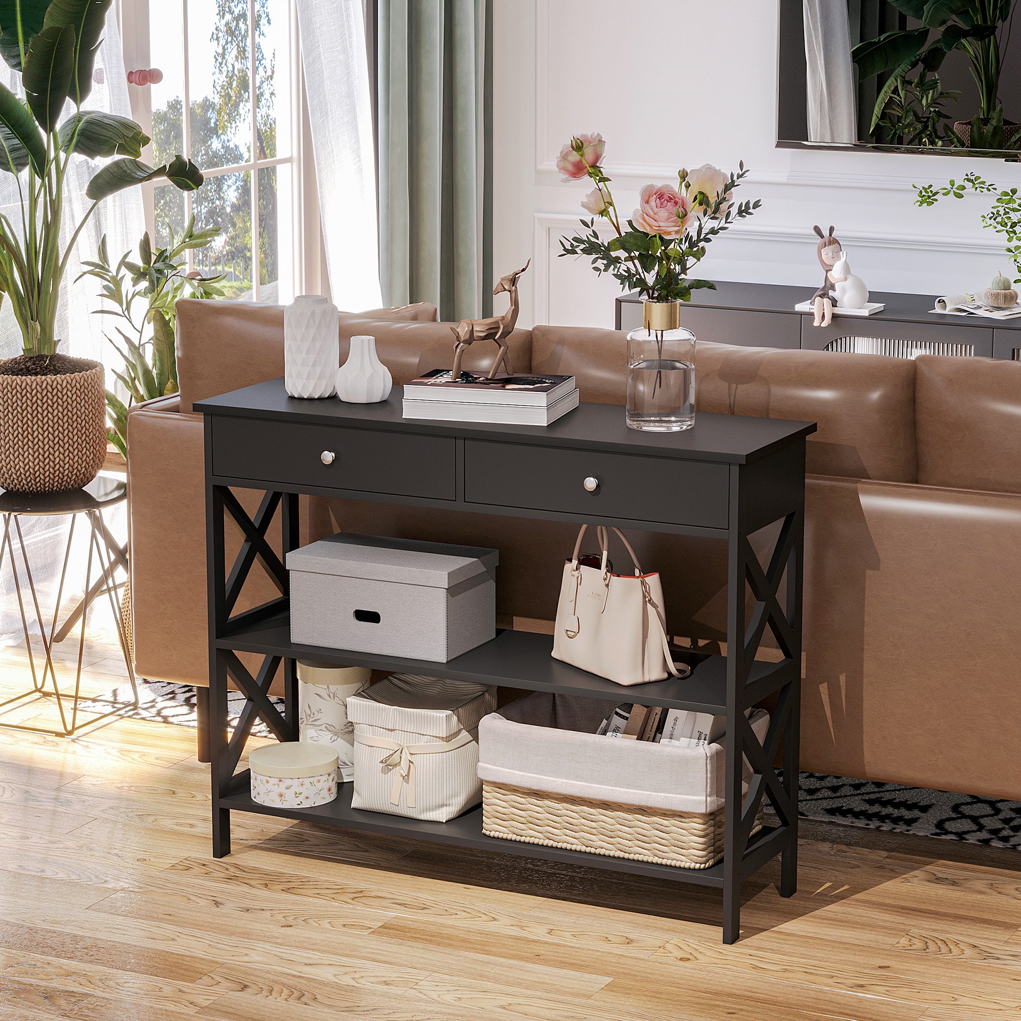 Table de console table d'entrée style table de drapier néo-rétro 2 tiroirs 2 étagères dim. 100L x 30.5l x 80H cm MDF noir
