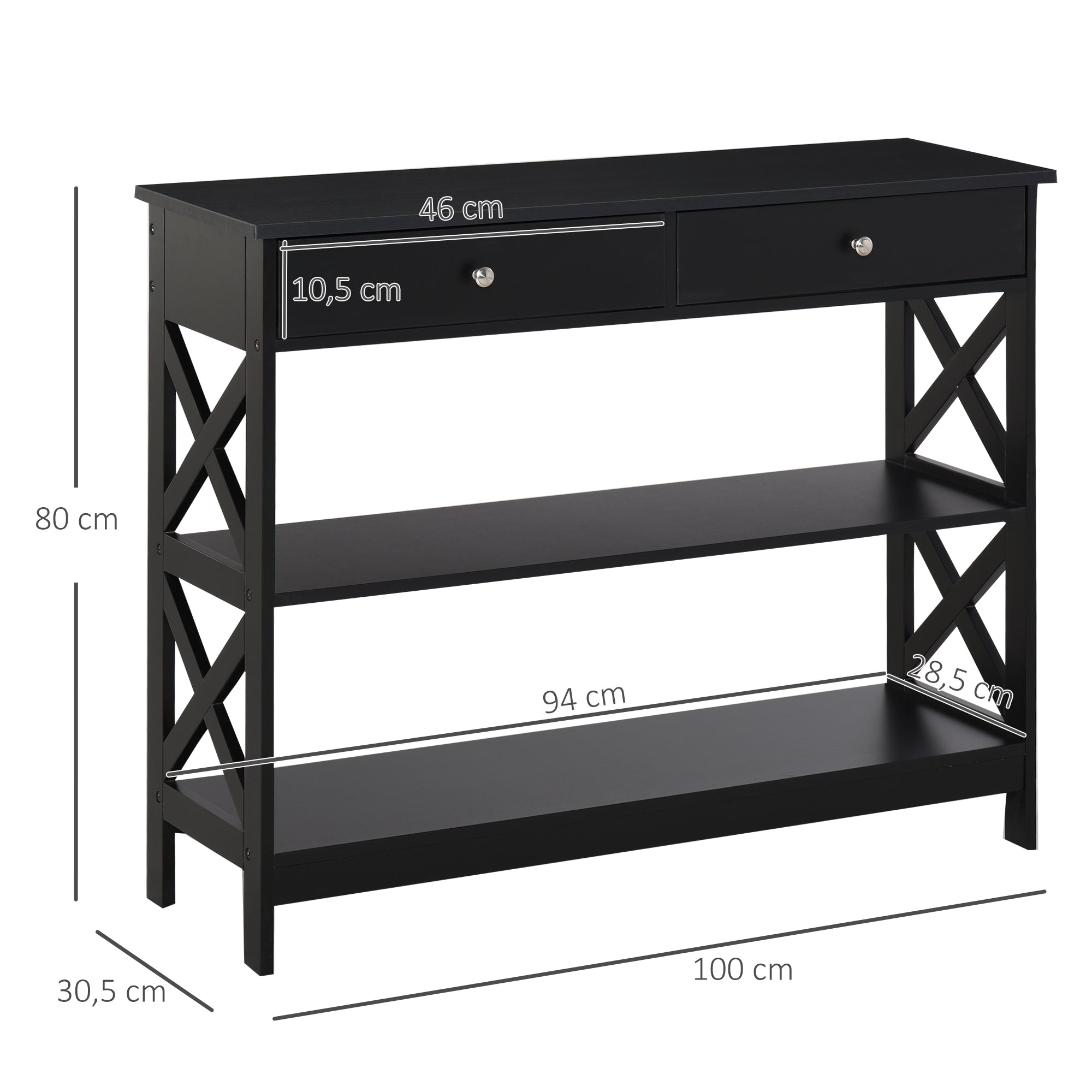 Table de console table d'entrée style table de drapier néo-rétro 2 tiroirs 2 étagères dim. 100L x 30.5l x 80H cm MDF noir