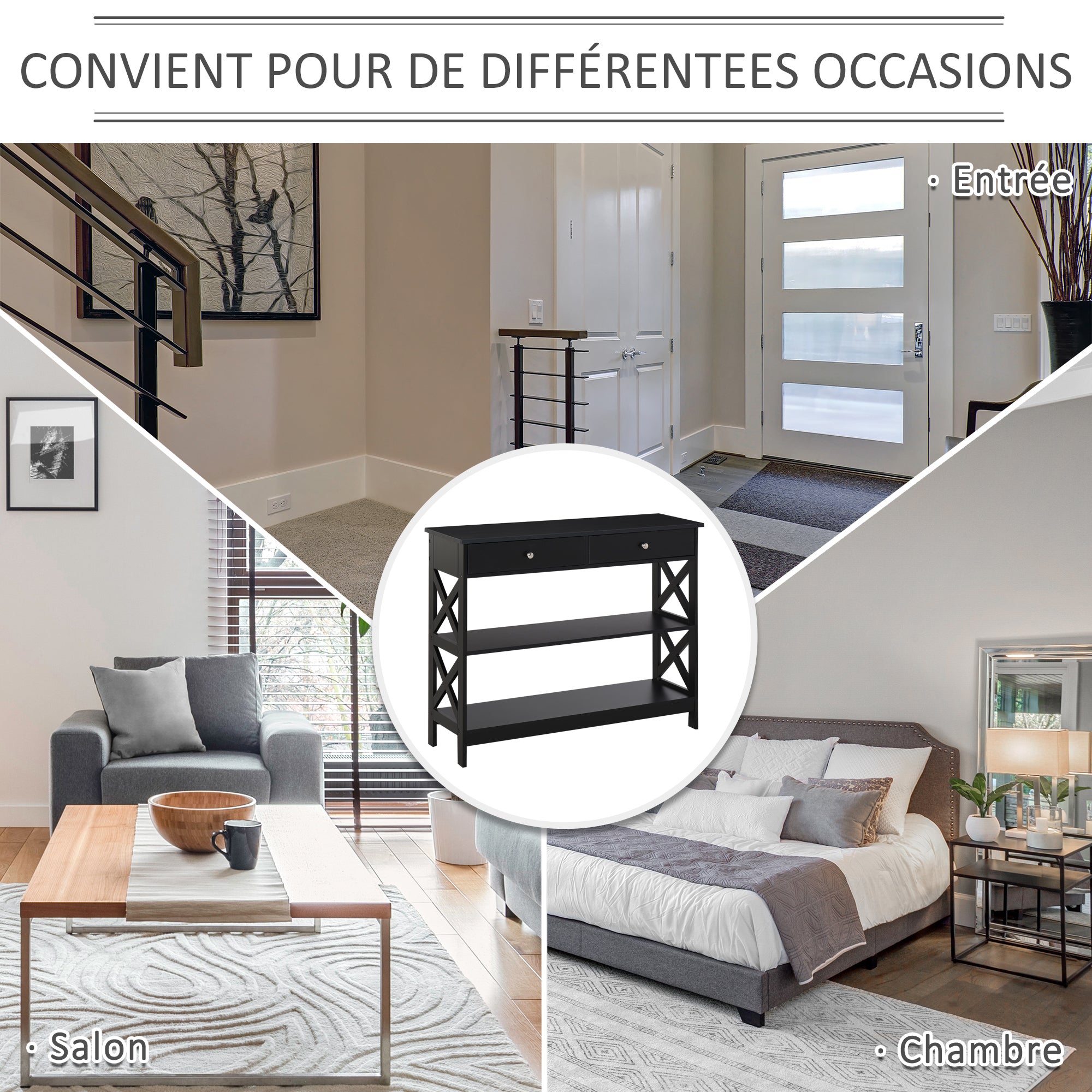 Table de console table d'entrée style table de drapier néo-rétro 2 tiroirs 2 étagères dim. 100L x 30.5l x 80H cm MDF noir