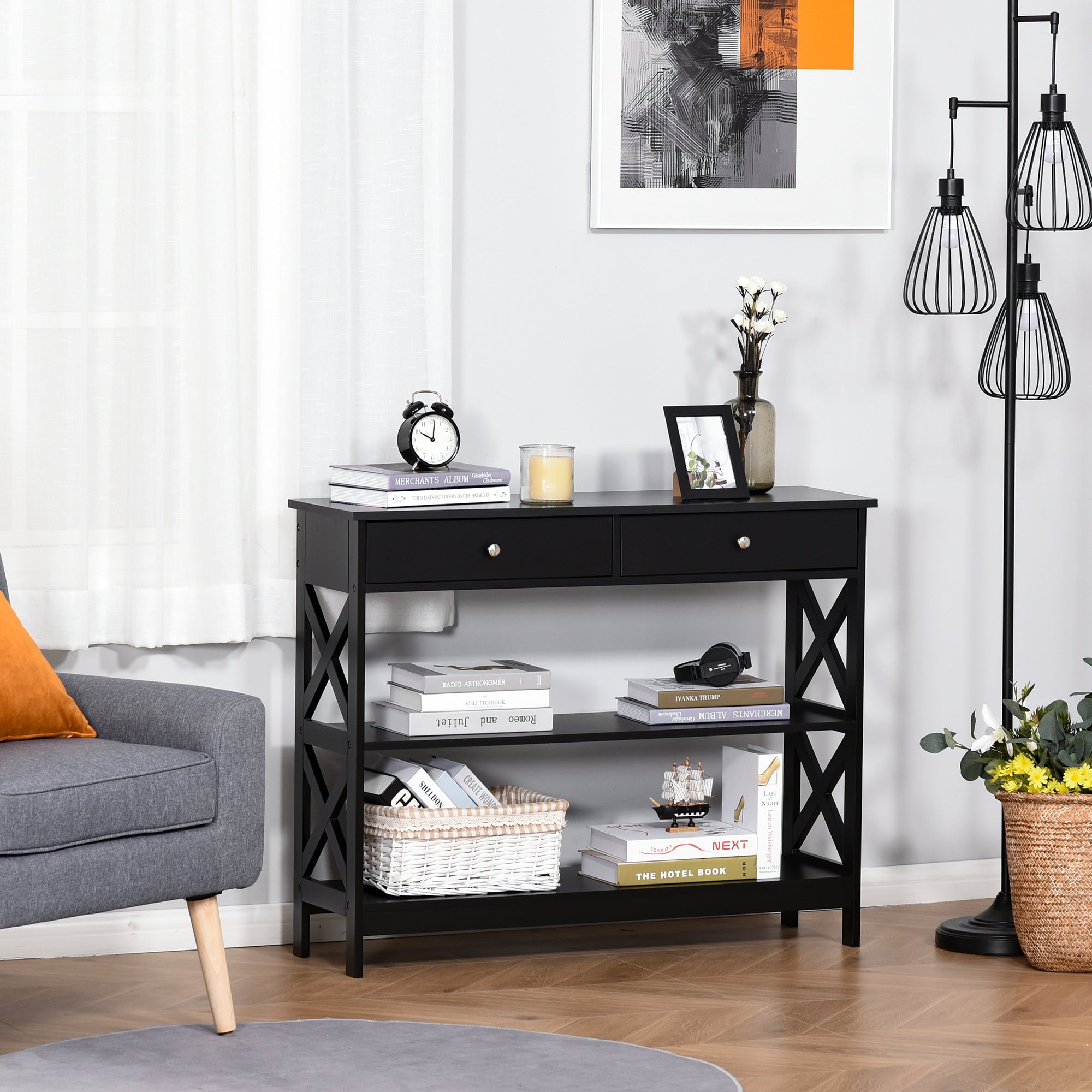Table de console table d'entrée style table de drapier néo-rétro 2 tiroirs 2 étagères dim. 100L x 30.5l x 80H cm MDF noir