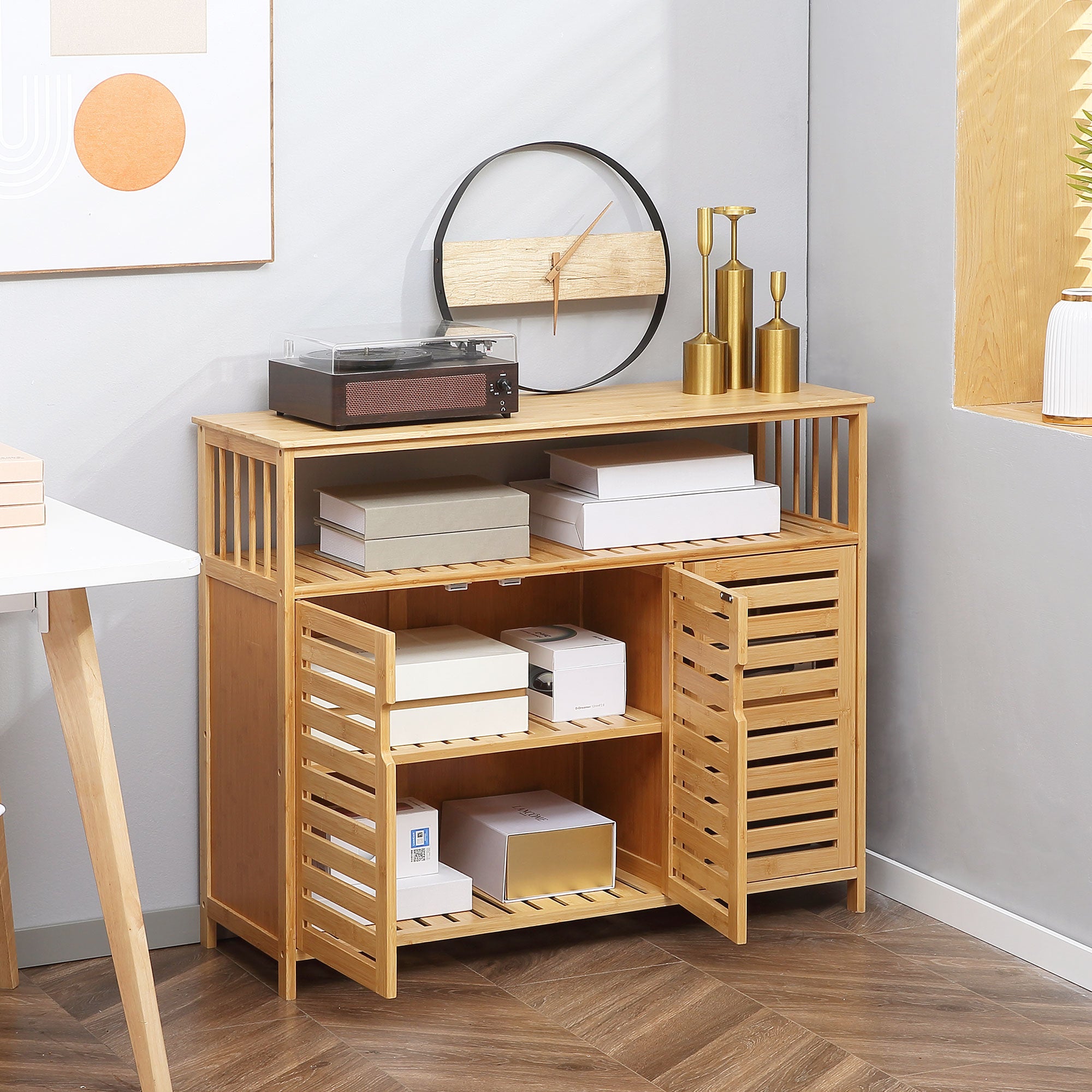 Buffet meuble de rangement en bois bambou avec 3 portes et étagères - 100 x 35 x 82 cm