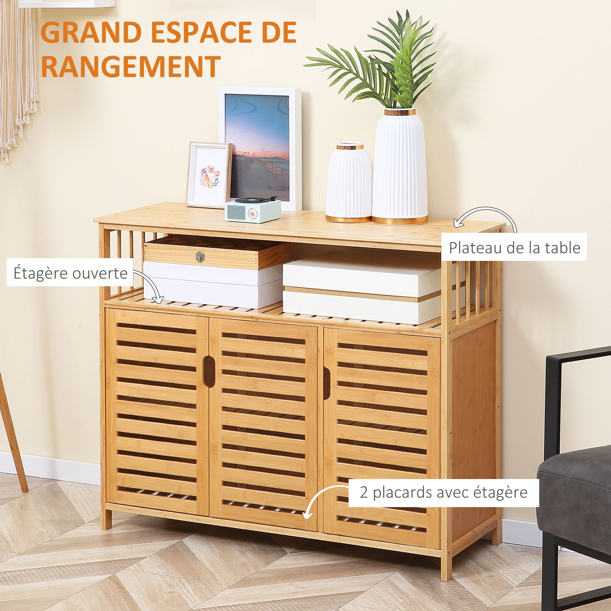Buffet meuble de rangement en bois bambou avec 3 portes et étagères - 100 x 35 x 82 cm