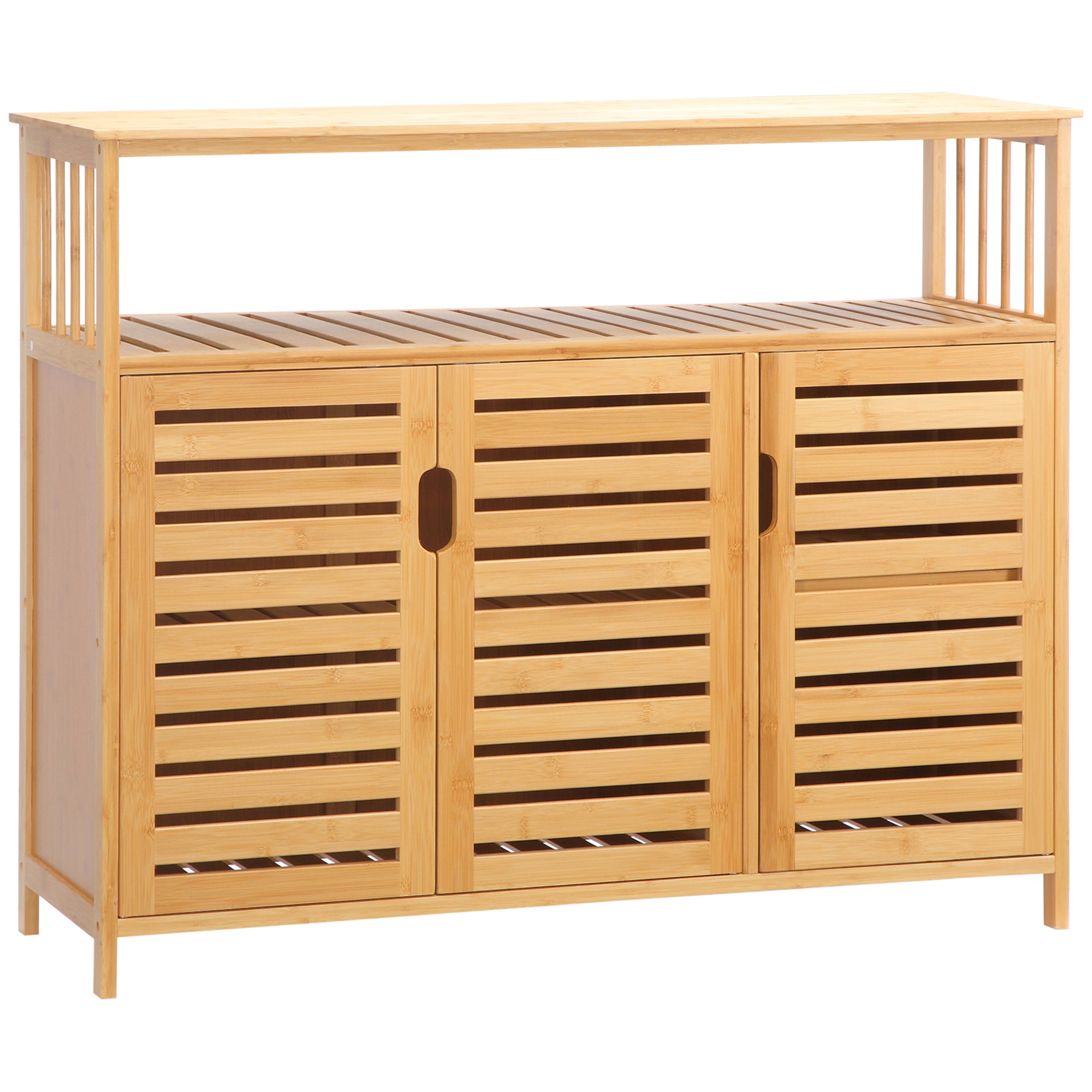 Buffet meuble de rangement en bois bambou avec 3 portes et étagères - 100 x 35 x 82 cm