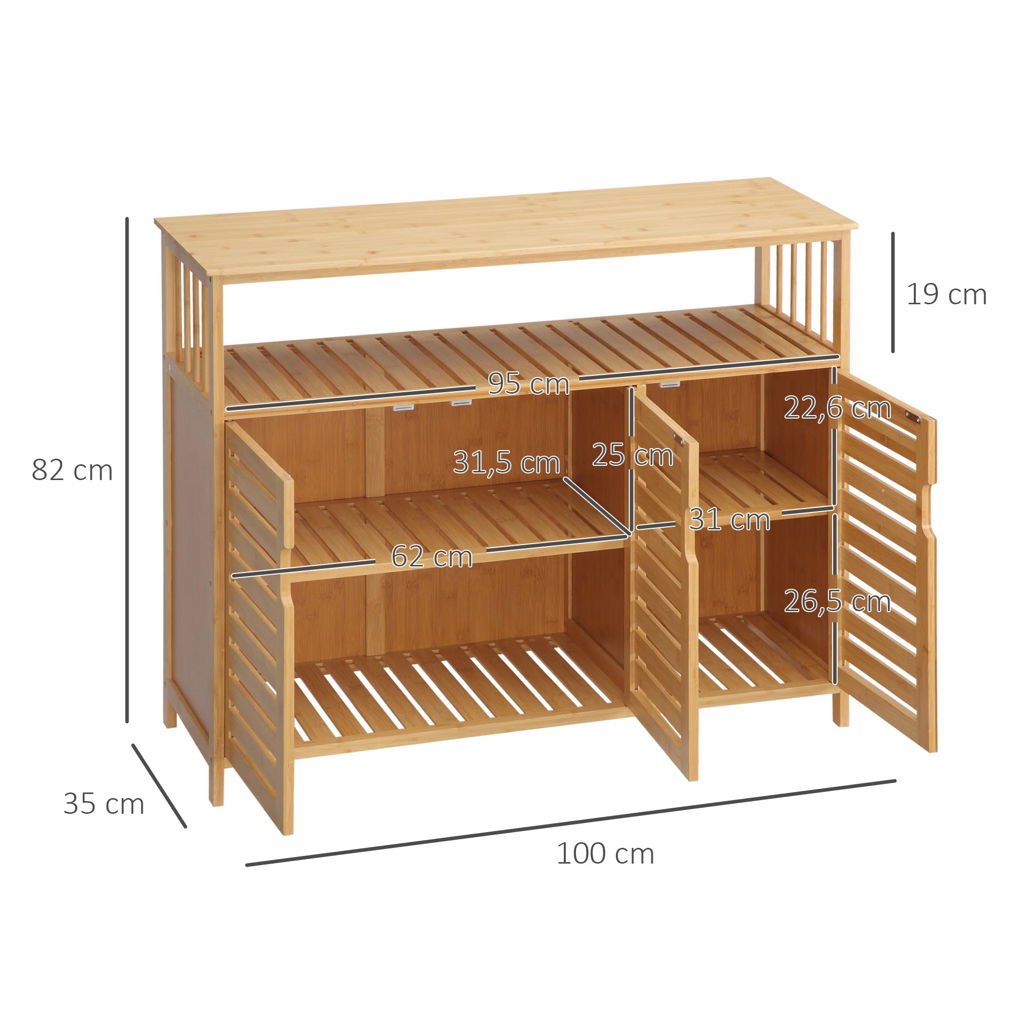 Buffet meuble de rangement en bois bambou avec 3 portes et étagères - 100 x 35 x 82 cm