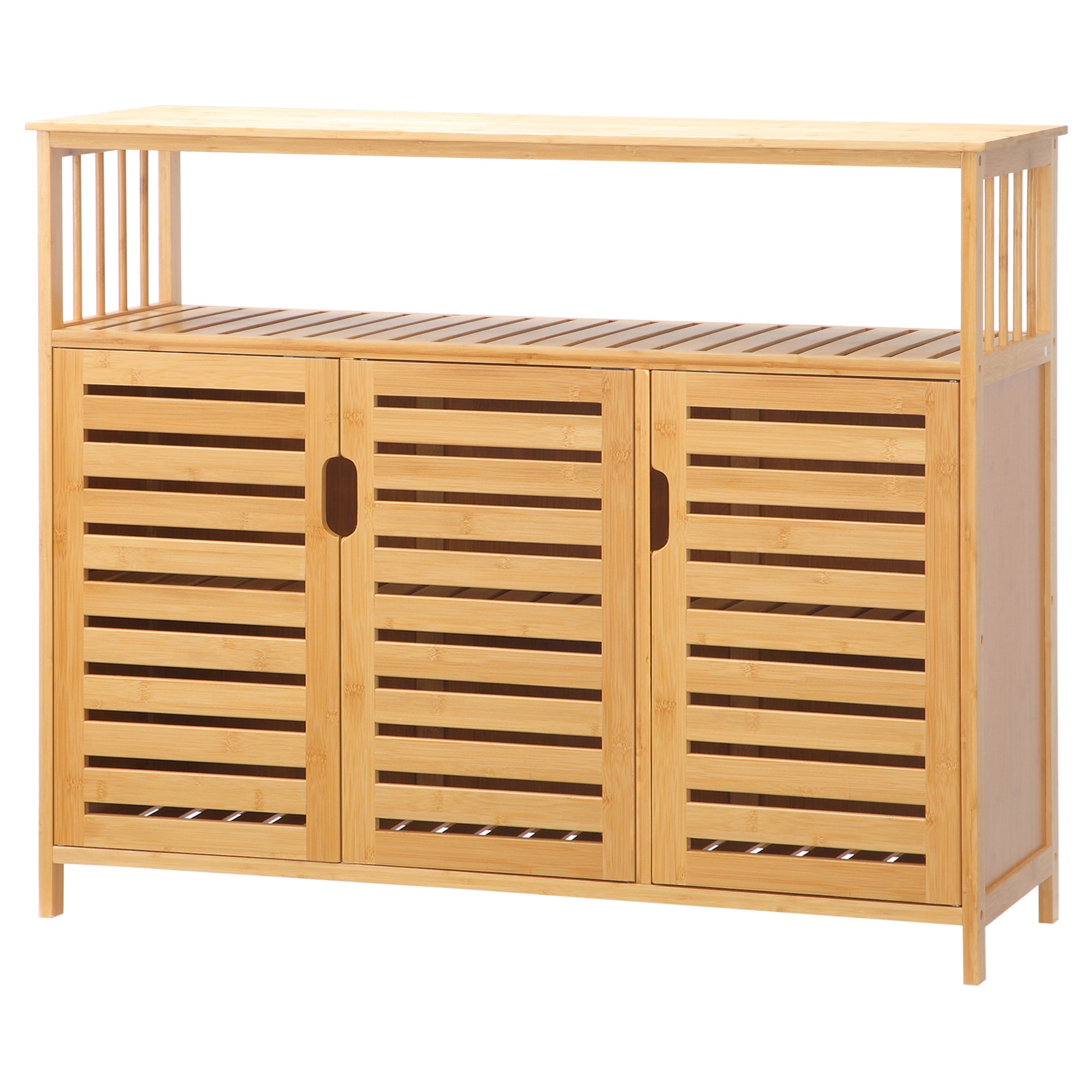 Buffet meuble de rangement en bois bambou avec 3 portes et étagères - 100 x 35 x 82 cm