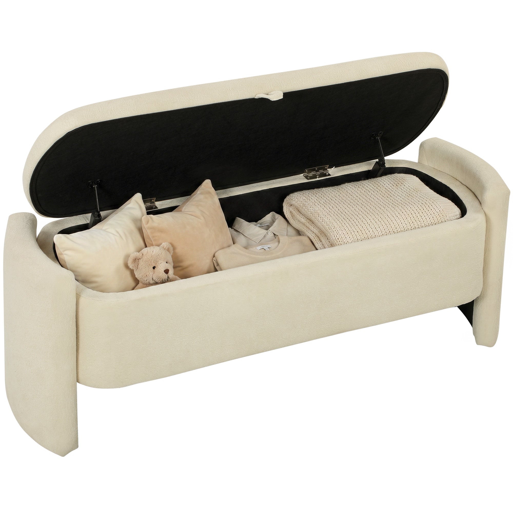 Banc Bout de Lit Banquette, 118x42x45cm, Banc de Rangement Rembourré en Tissu Bouclé, Pieds en Bois d'Eucalyptus, Charge 220 Kg, Coffre de Rangement pour Chambre à Coucher ou Entrée, Crème