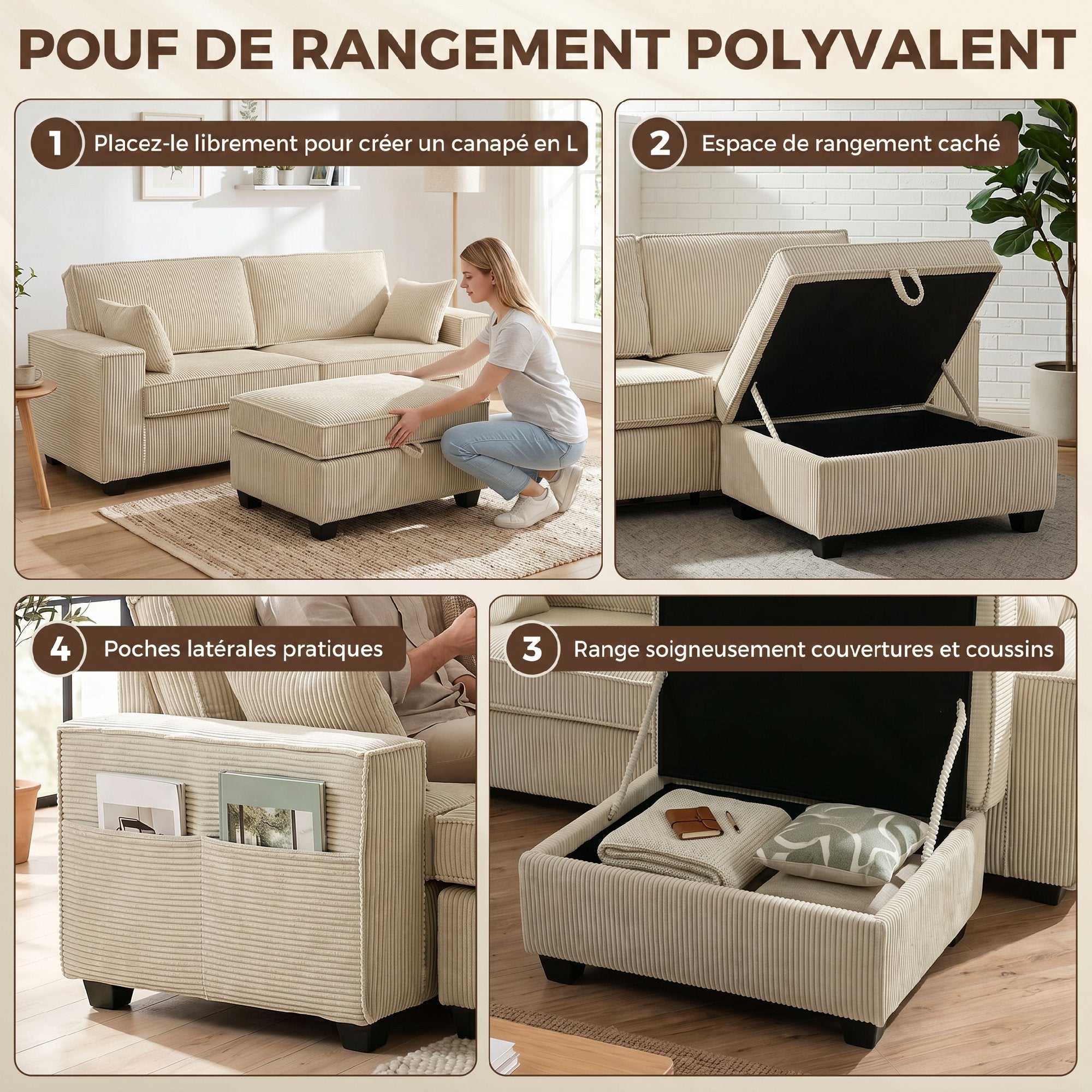 Canapé 3 Places avec Pouf de Rangement, Canapé d'Angle en Velours Côtelé 216 cm, Assise Large, Accoudoirs Larges, 2 Coussins, Coussins à Ressorts, Poches Latérales, pour Salon, Chambre, Beige