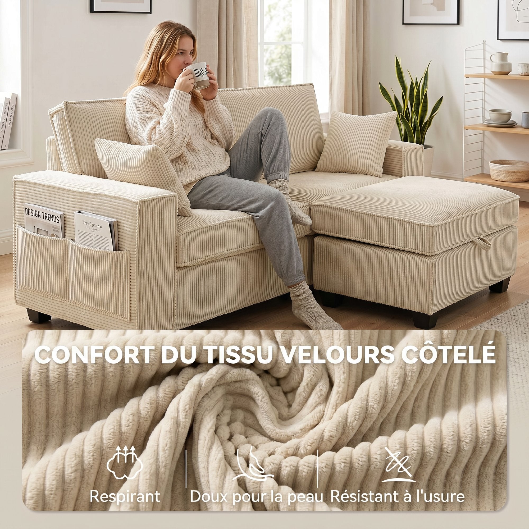 Canapé 3 Places avec Pouf de Rangement, Canapé d'Angle en Velours Côtelé 216 cm, Assise Large, Accoudoirs Larges, 2 Coussins, Coussins à Ressorts, Poches Latérales, pour Salon, Chambre, Beige
