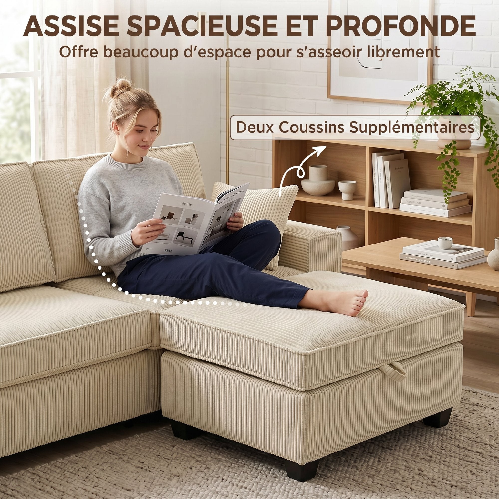 Canapé 3 Places avec Pouf de Rangement, Canapé d'Angle en Velours Côtelé 216 cm, Assise Large, Accoudoirs Larges, 2 Coussins, Coussins à Ressorts, Poches Latérales, pour Salon, Chambre, Beige