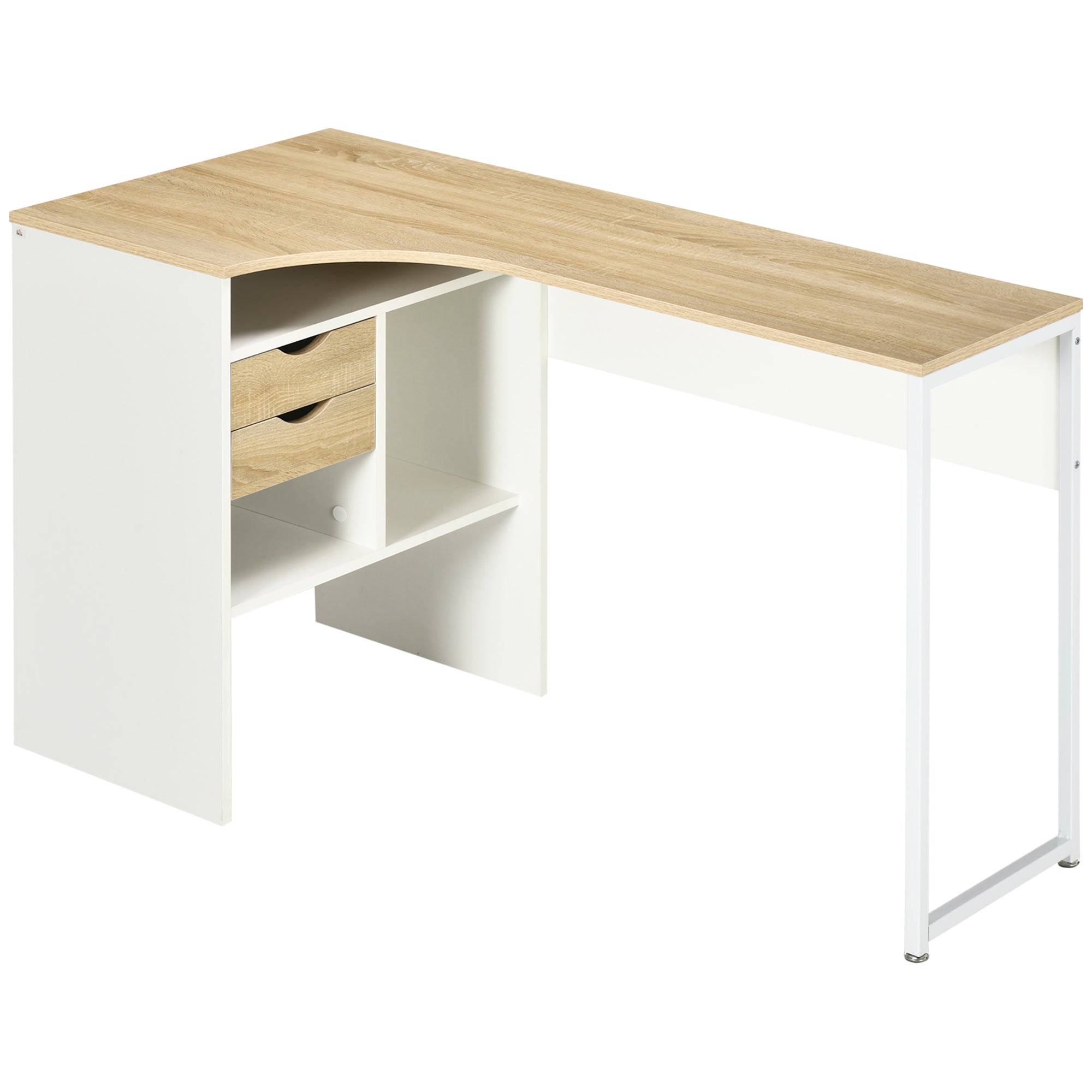 Bureau d'angle avec 2 tiroirs, 120 x 60 cm, bureau en L avec 3 compartiments ouverts, table informatique pour étudier, travailler, chambre, maison, aspect chêne clair