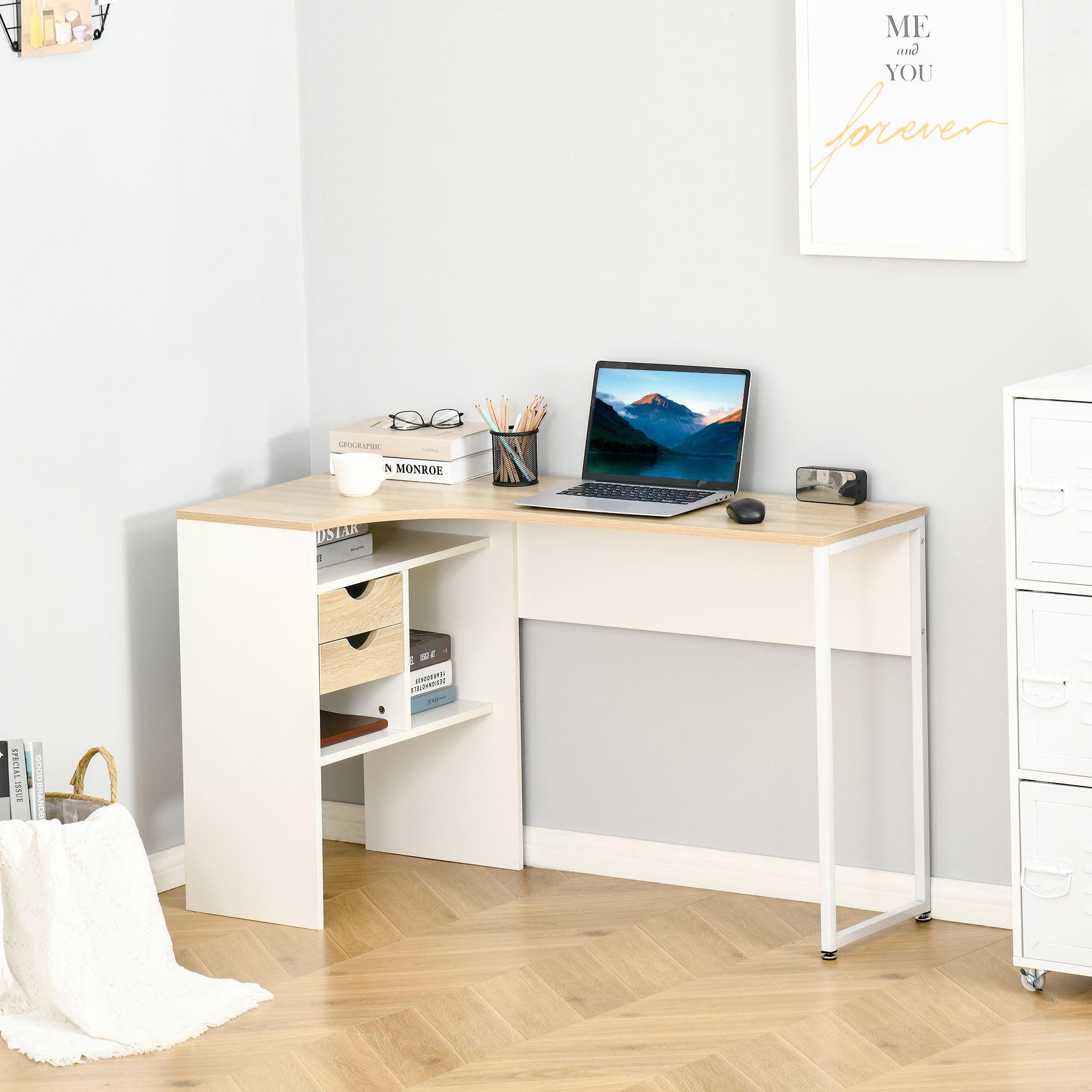 Bureau d'angle avec 2 tiroirs, 120 x 60 cm, bureau en L avec 3 compartiments ouverts, table informatique pour étudier, travailler, chambre, maison, aspect chêne clair