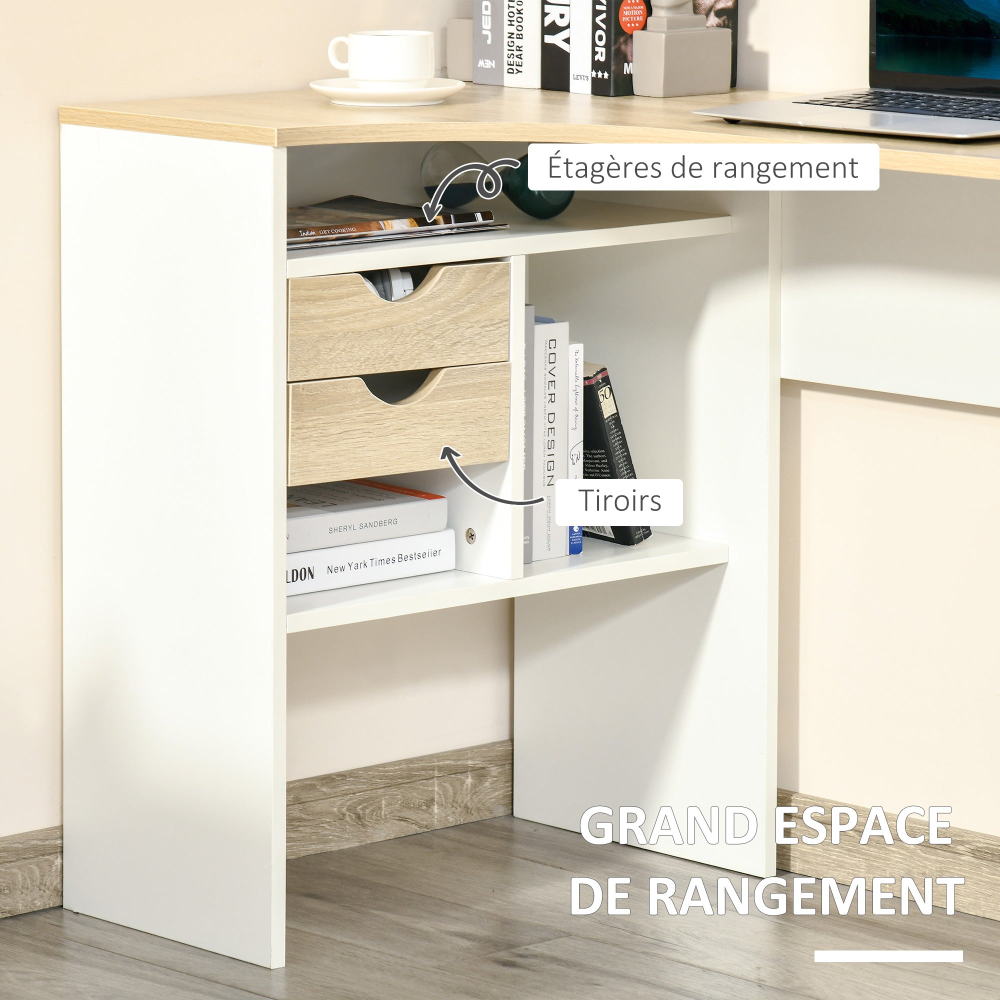 Bureau d'angle avec 2 tiroirs, 120 x 60 cm, bureau en L avec 3 compartiments ouverts, table informatique pour étudier, travailler, chambre, maison, aspect chêne clair