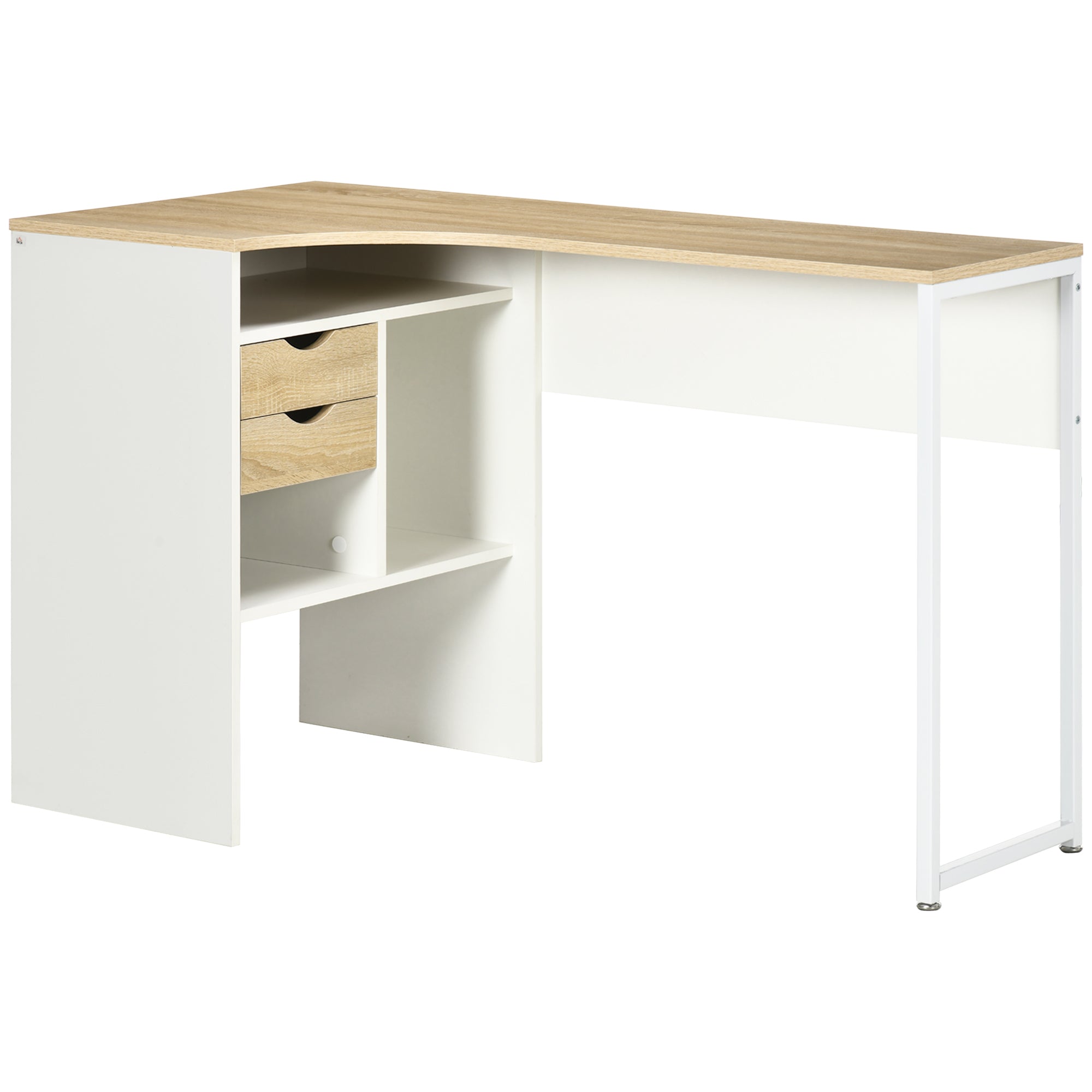 Bureau d'angle avec 2 tiroirs, 120 x 60 cm, bureau en L avec 3 compartiments ouverts, table informatique pour étudier, travailler, chambre, maison, aspect chêne clair