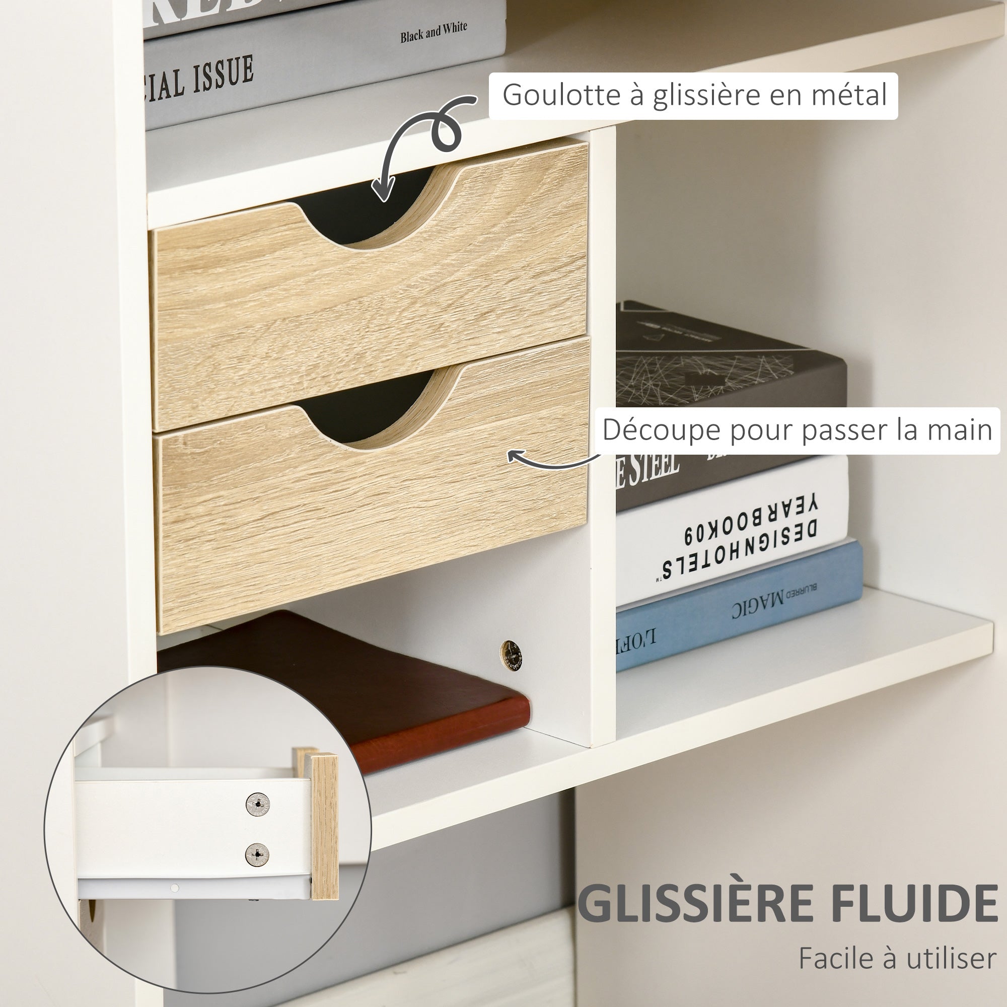 Bureau d'angle avec 2 tiroirs, 120 x 60 cm, bureau en L avec 3 compartiments ouverts, table informatique pour étudier, travailler, chambre, maison, aspect chêne clair