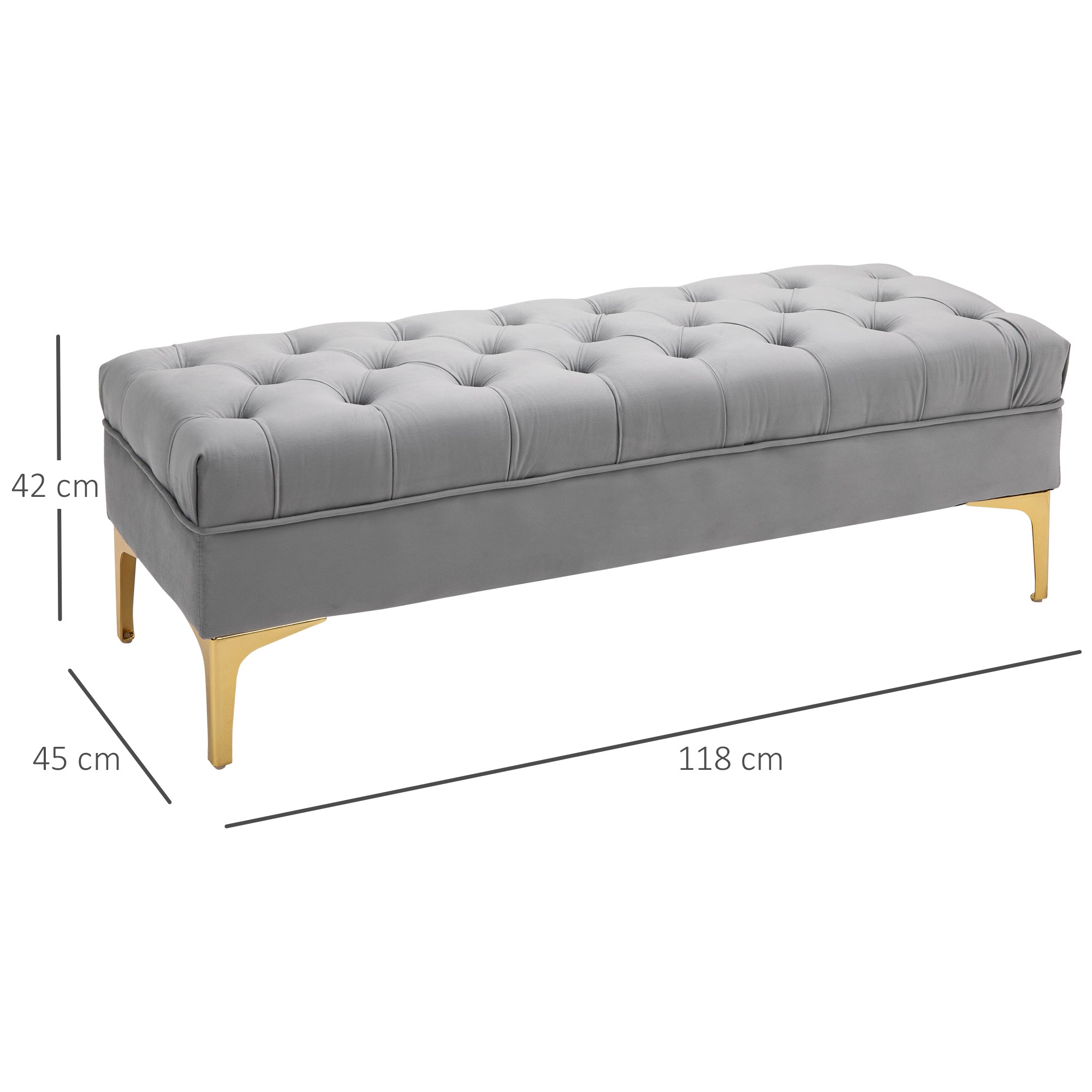 Banc banquette capitonnée bout de lit style classique chic dim. 118L x 45l x 42H cm piètement métal doré velours gris clair